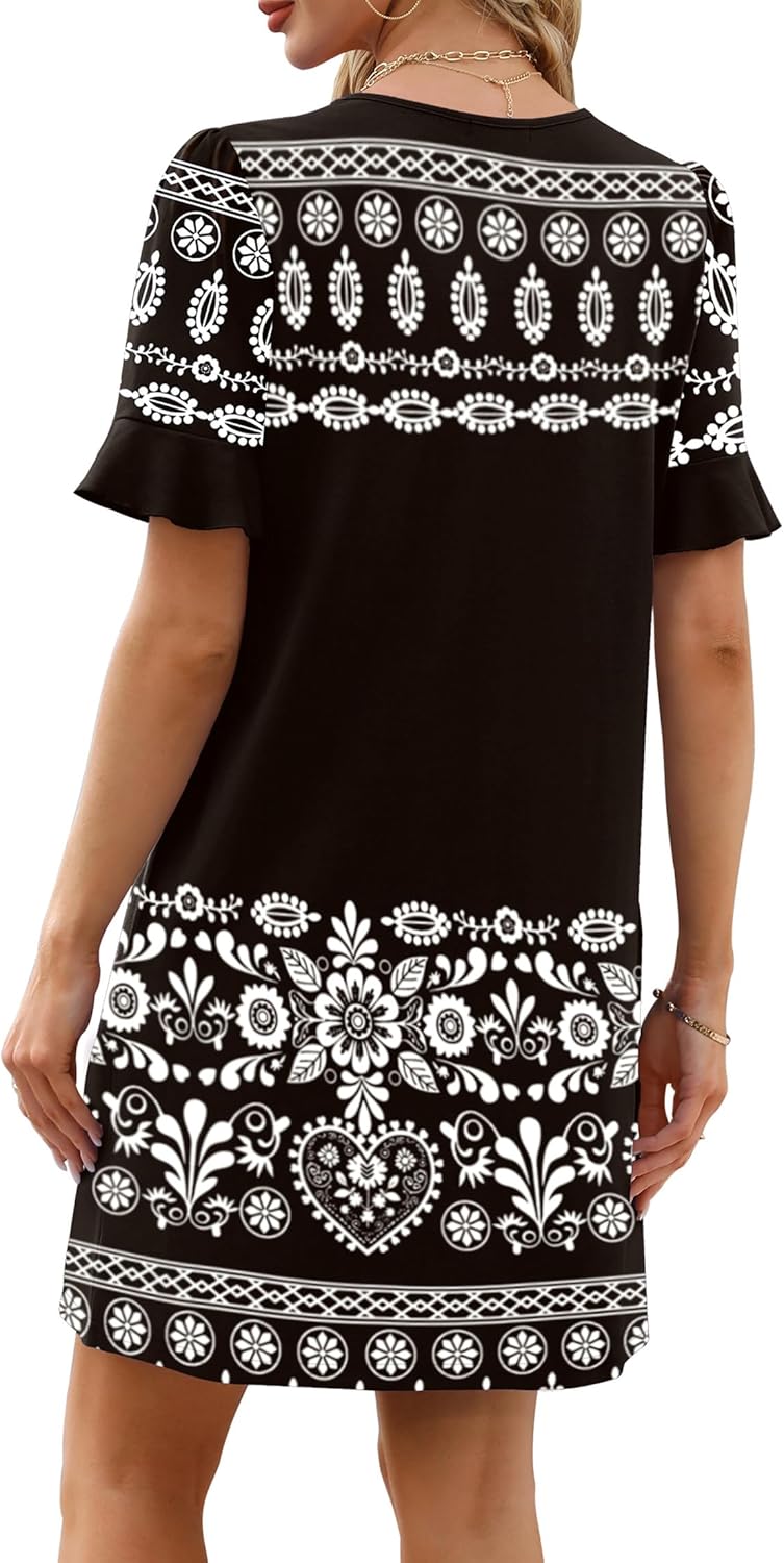 OFEEFAN Summer Dresses for Women Ruffle Short Sleeve V Neck Casual Shift Dress with Pockets - Image 5