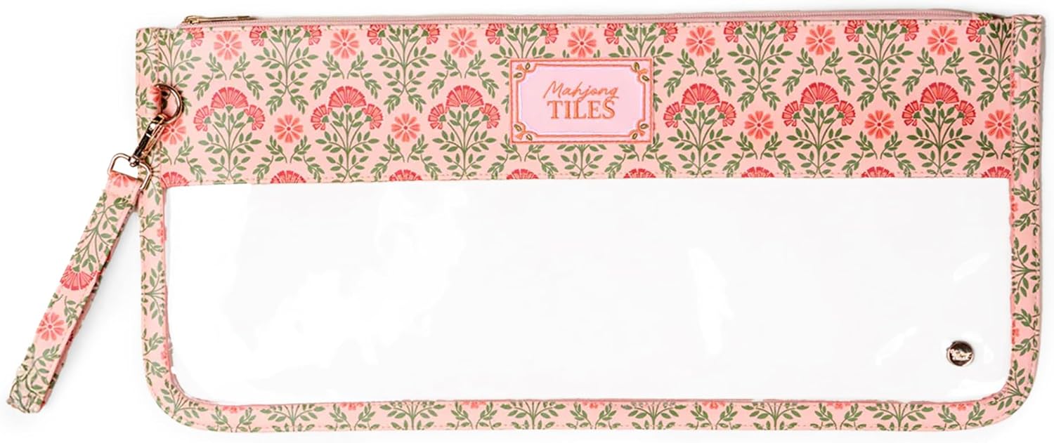 The Darling Effect Everbloom Dusty Rose Mahjong Tile Bag – Thick Clear Zipper PVC Pouch w/Detachable Carrying Strap - Durable Embroidered Mahjong Storage Bag Design for Travel & Games