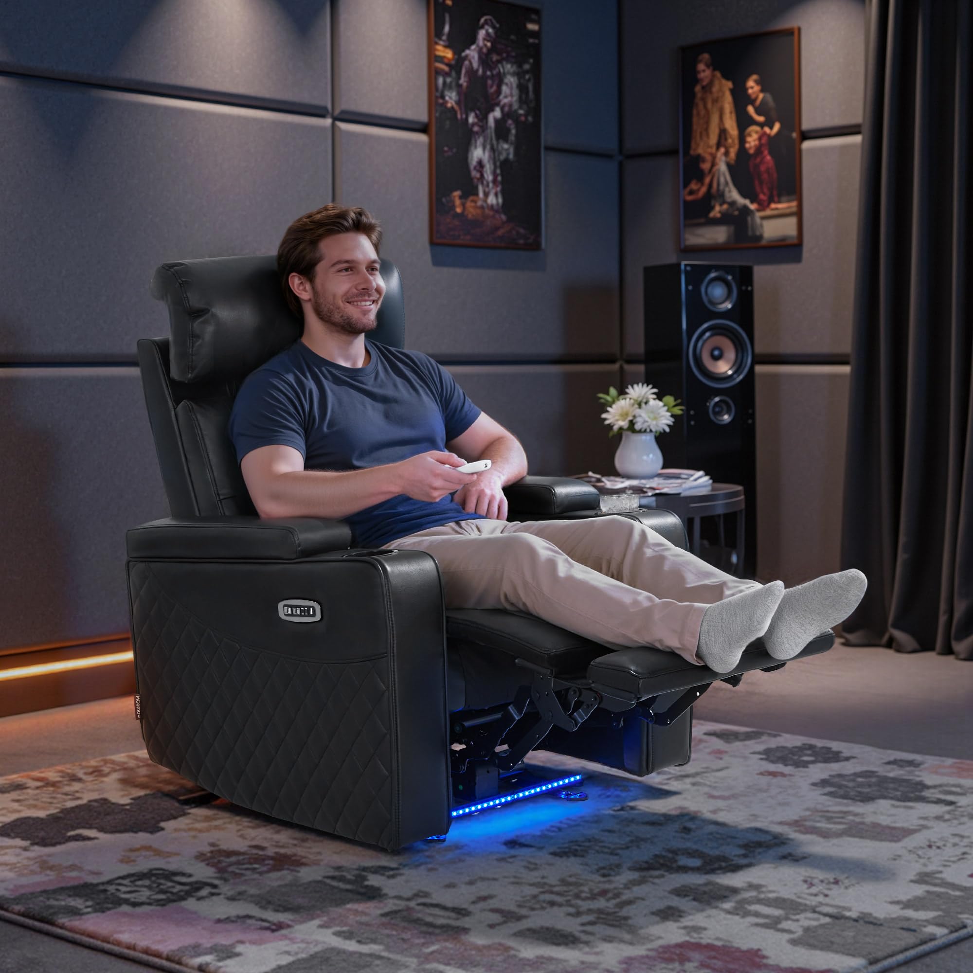 M MCombo sillón de televisión eléctrico Ajustable, sillón de Gravedad Cero con Almacenamiento en los reposabrazos & LED, reposacabezas Ajustable, cojín de Espuma 35D 7759 (Negro)(1 Plaza)