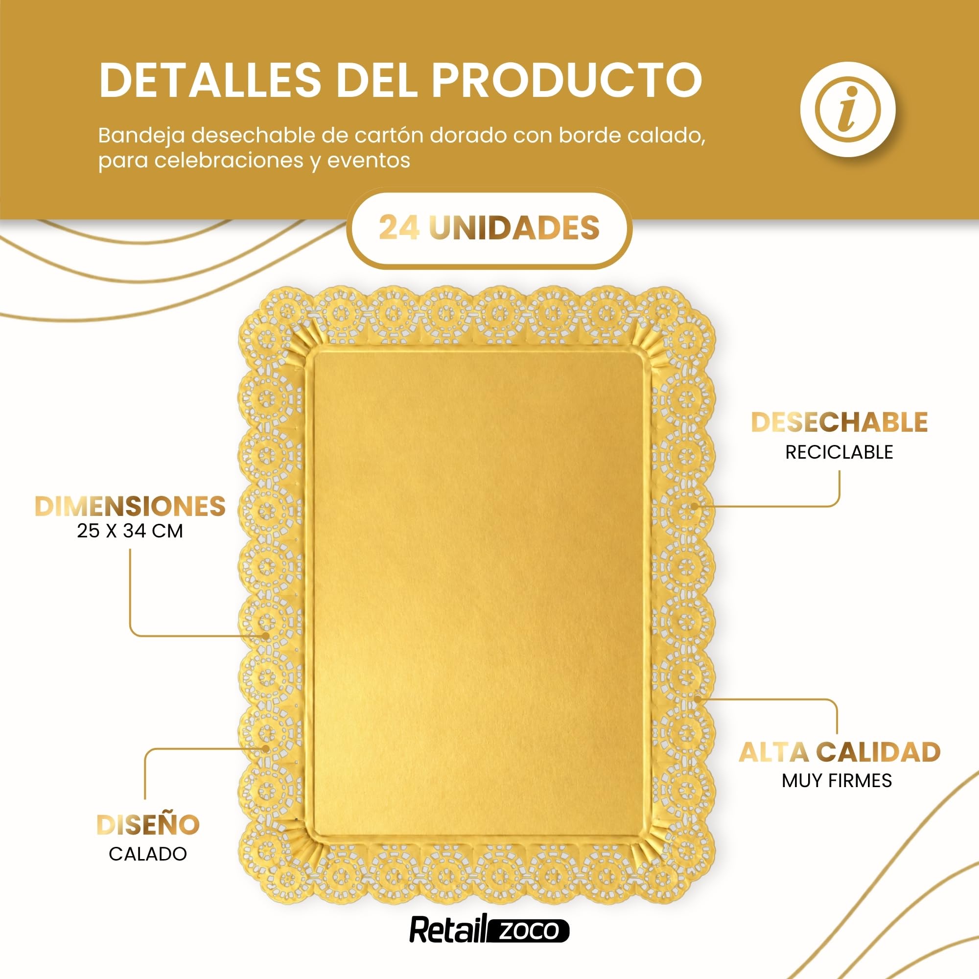 Bandejas de Cartón para Servir, Diseño Dorado, 24 Unidades - imagen 2