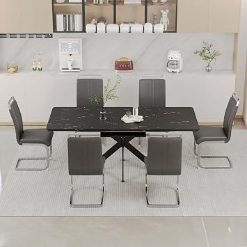 Extendable Dining Table Set for 6,7-Piece Faux Marble Dining Table Set,62"-78" Modern Dining Room Table Set,Rectangular Kitchen Table with 6 Upholstered Chairs for Dining Room,Kitchen