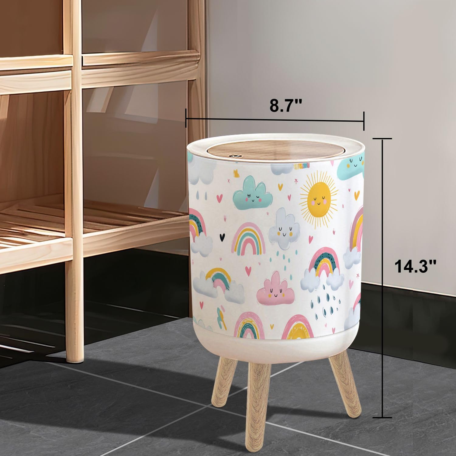 Small Trash Can with Lid Nursery Drawn Rainbows Sun Funny Clouds 1.8 Gallon/7L Garbage Can Waste Bin with Press Top Lid Legs Waste Basket for Bathroom Kitchen Bedroom