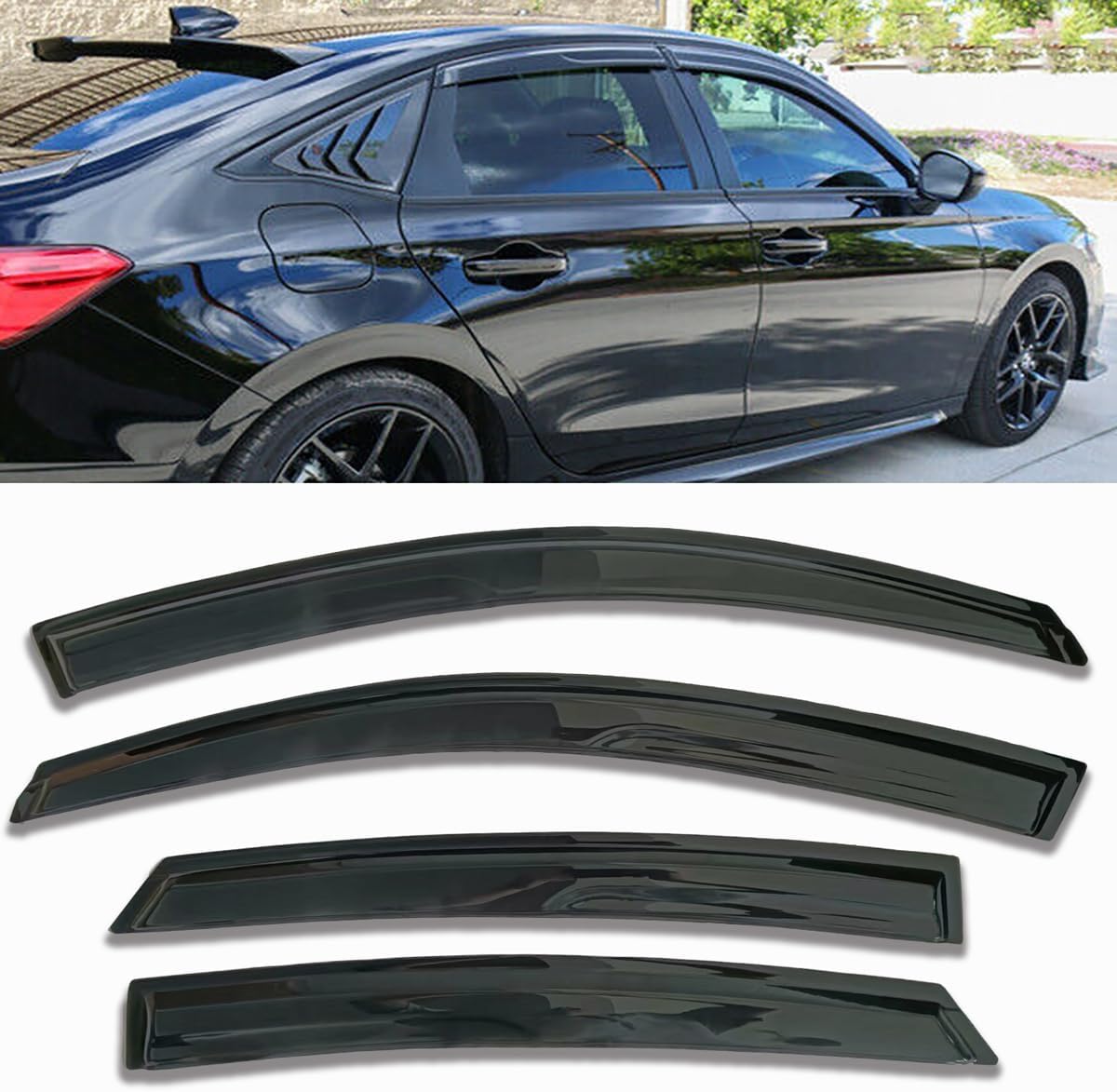 Smoke Tape On Side Window Visors Sun Rain Guards Vent Deflectors for 2016-2021 Honda Civic Sedan 4-Door Window Shade 4pcs