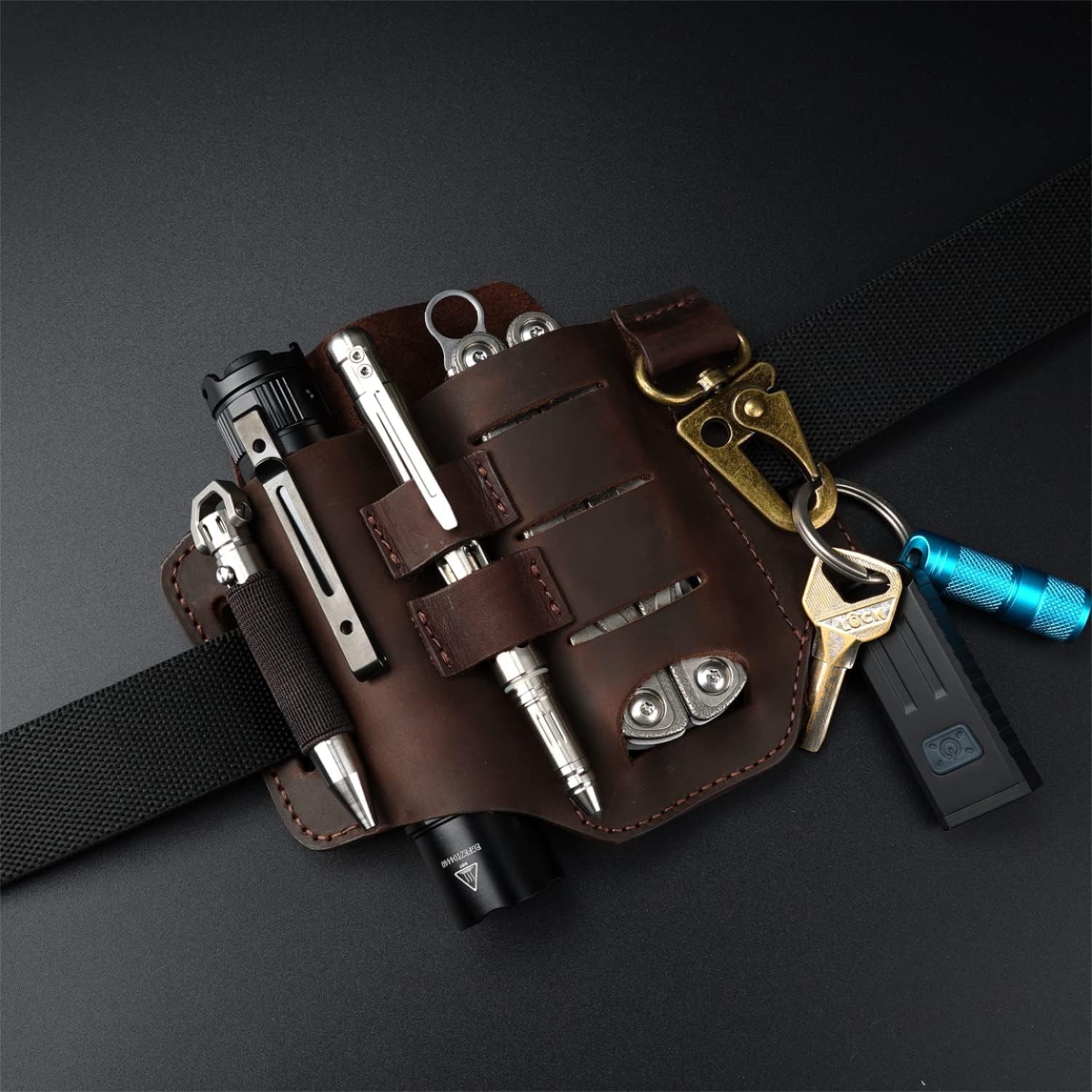 VIPERADE PJ16 Cuir EDC Sac Fourreau en Cuir Organisateur en Tactique Multi Porte-Outils Sac en avec Porte-clés pour Outils de Lampe de Poche Camping en Plein air (Brun)