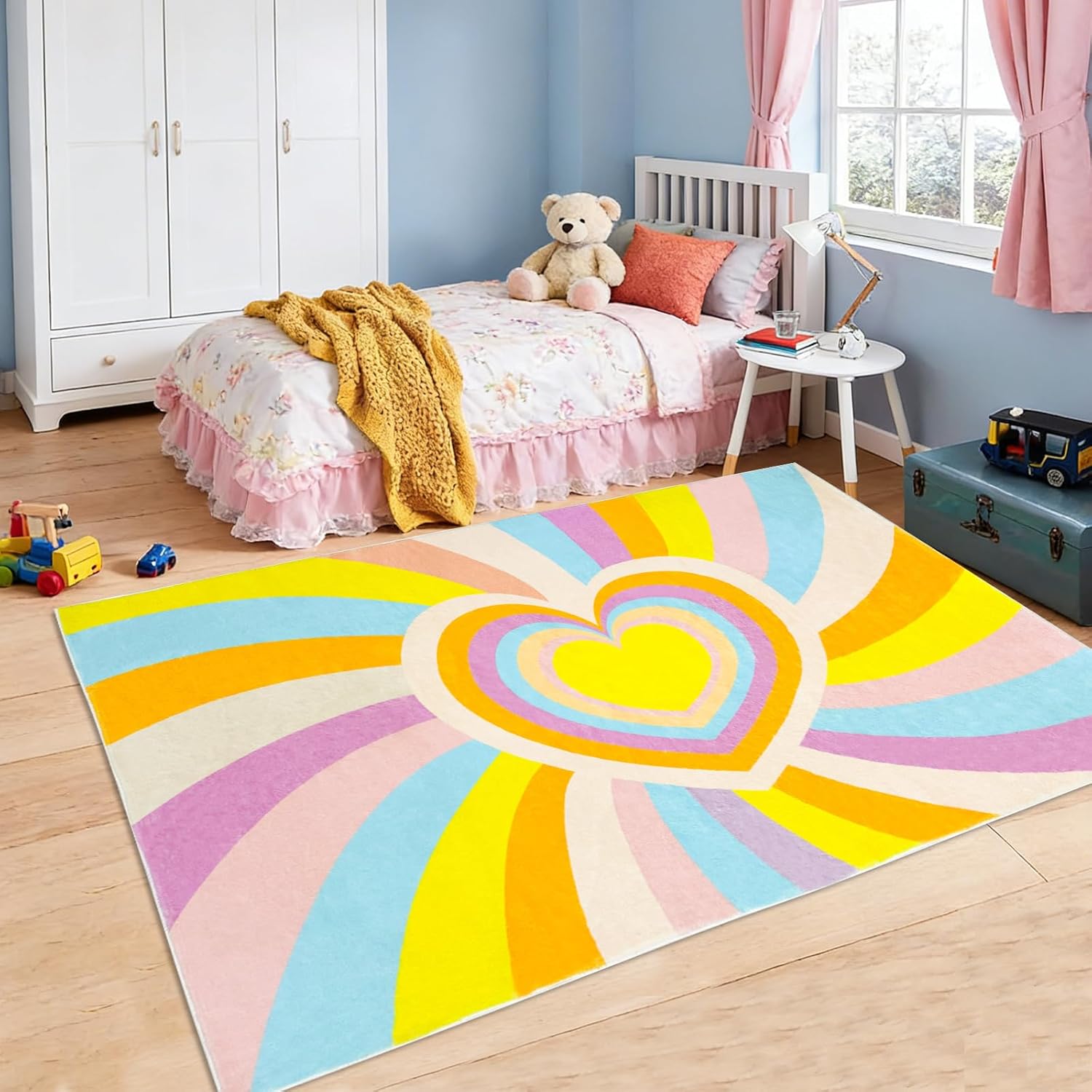 Kids Rug 4x6Ft Rainbow Heart Bedroom Carpet Modern Nursery Play Mat for Boys Girls Children Playroom Colorful Living Room Dorm Classroom Rug, Boho, Nonslip, Washable, Soft, Yellow