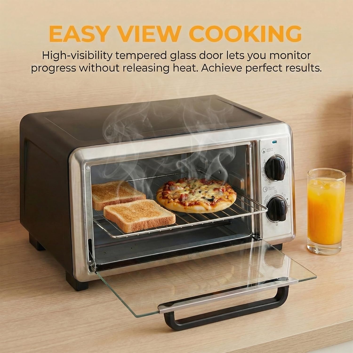 NEWBULIG 10.6QT Countertop Toaster Oven, 4-in-1 Multi-Functional Oven for Baking, Pizza, Broiling, Includes Baking Tray, Baking Rack, 0-450°F Temperature Control, 30-Min Timer, Stainless Steel