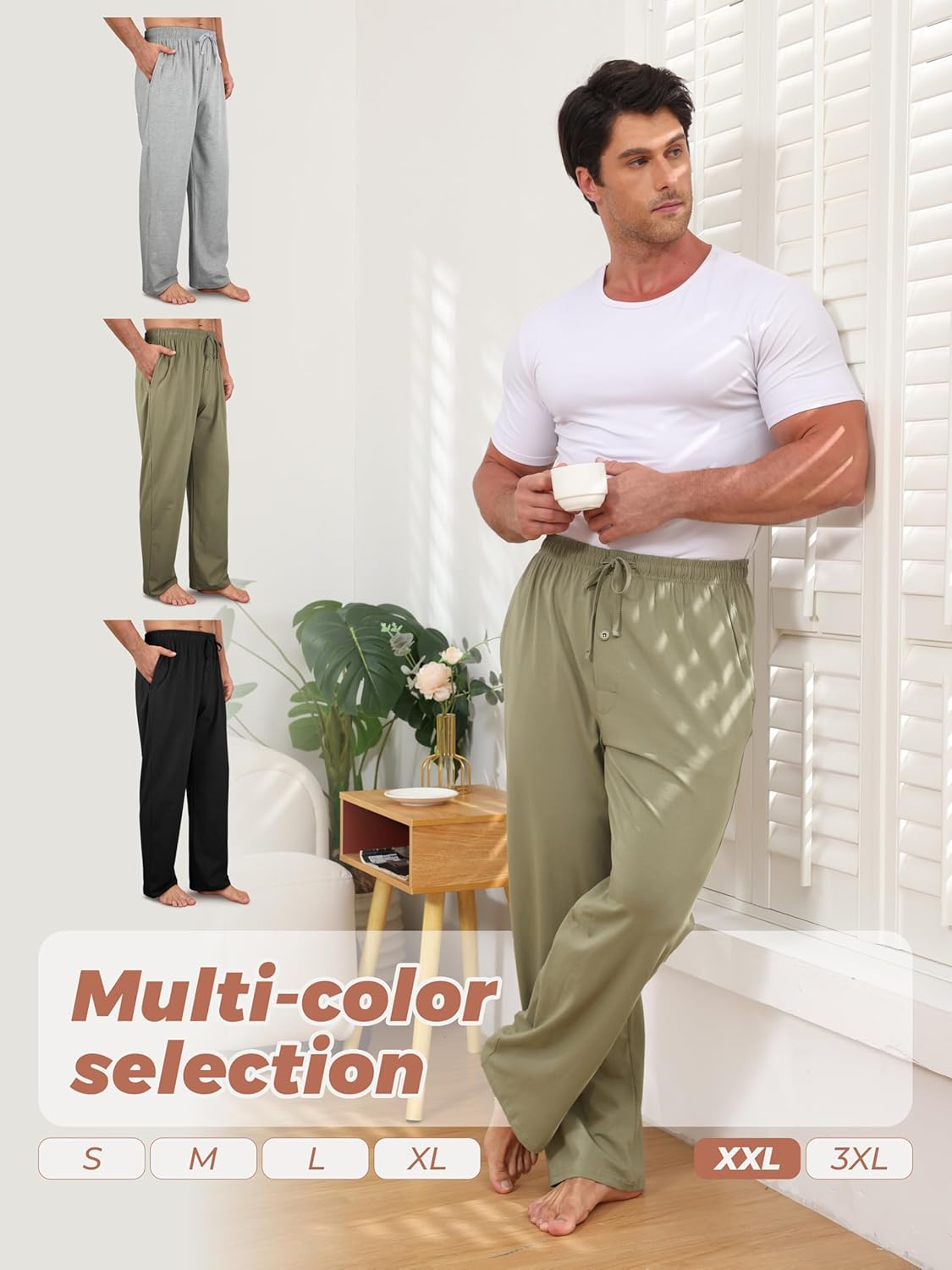 3 Pack Men's Cotton Pajama Pants Soft Pjs Lounge Bottoms with Pockets & Elastic Waist Sleepwear for Men - Image 5