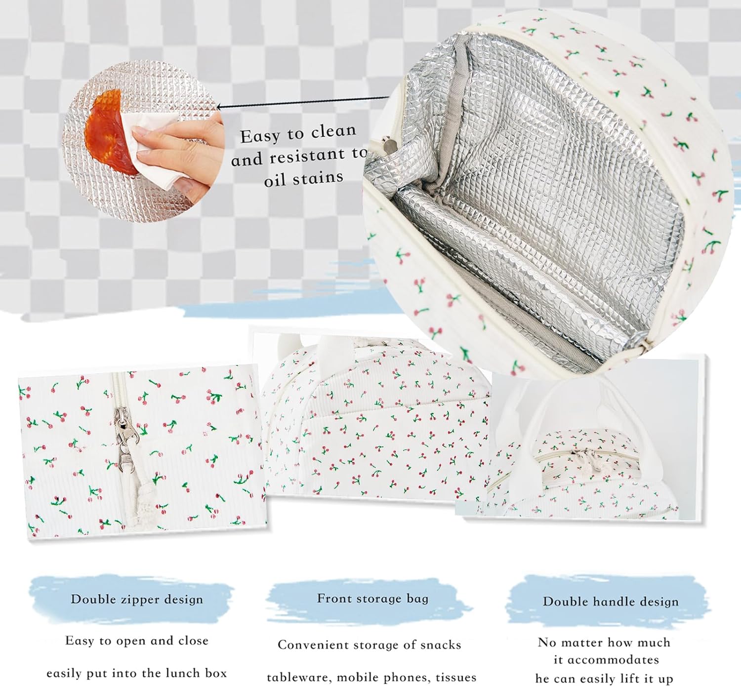 Lunch Box for Women,cute lunch bag,floral lunch box,large Reusable Insulated Large Capacity Cooler Bag for Adult,blue Aesthetic flower Corduroy Lunch Tote for Work Office (white Cherry) - Image 2