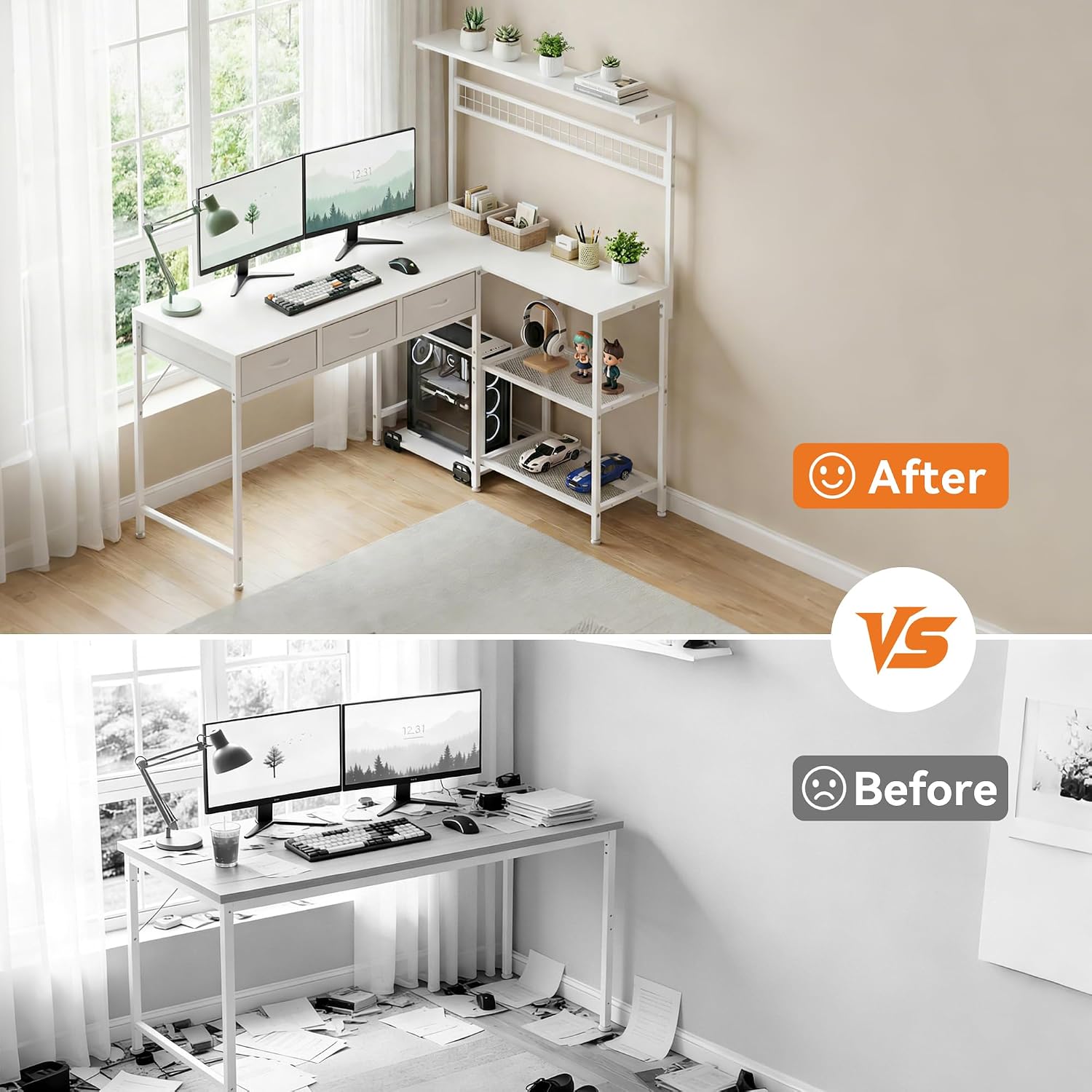 L Shaped Desk with 3 Drawers and Storage Shelves, Reversible Computer Desk with Bookshelf for Home Office, Corner Computer Desk with LED Lights, Power Outlets and Storage Bad,with 3-Tier Storage Shelf