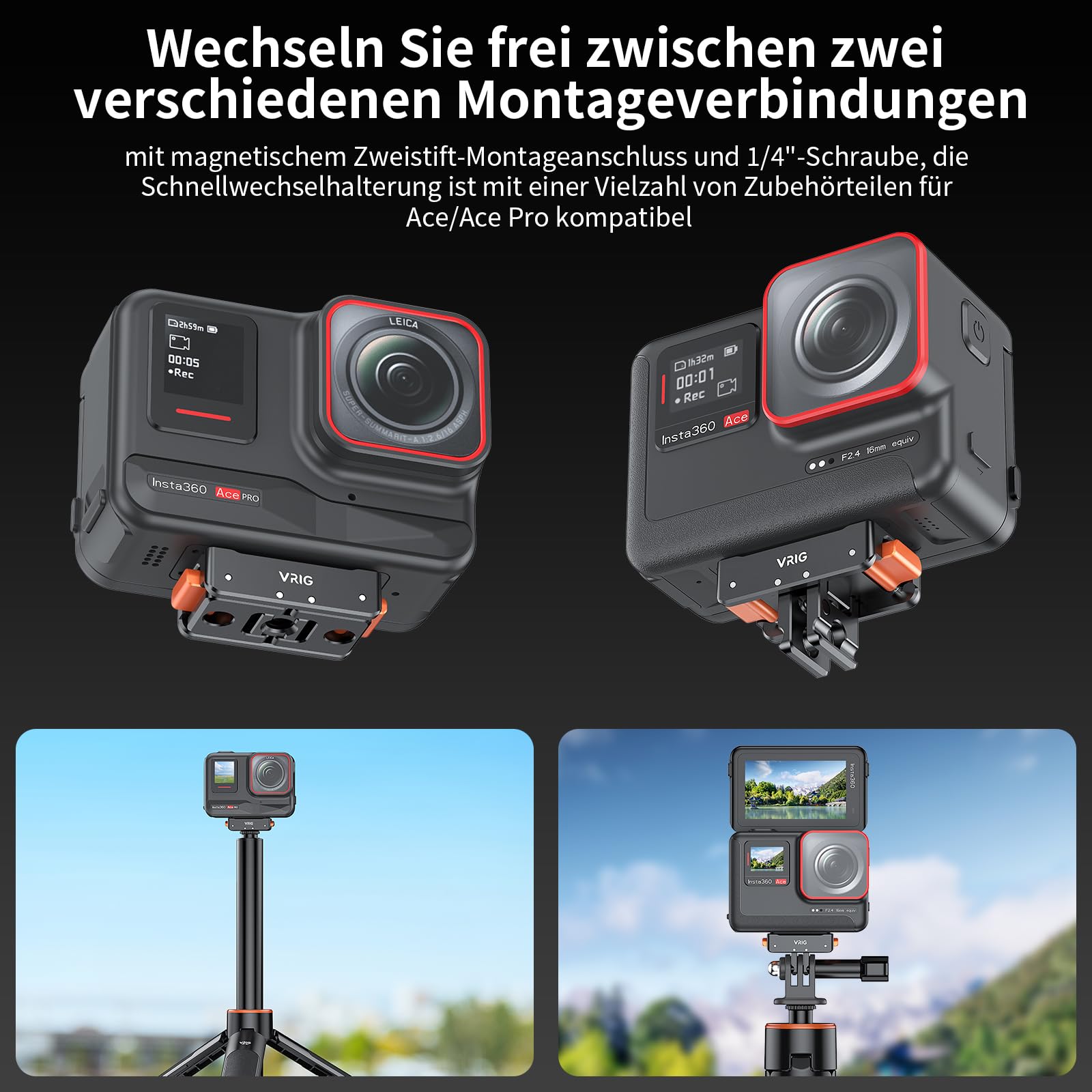VRIG Base magnétique pour Insta360 Ace/Ace Pro 2/X5/X4/X4 Air, adaptateur de trépied magnétique Quick Release avec support d'extension 1/4"