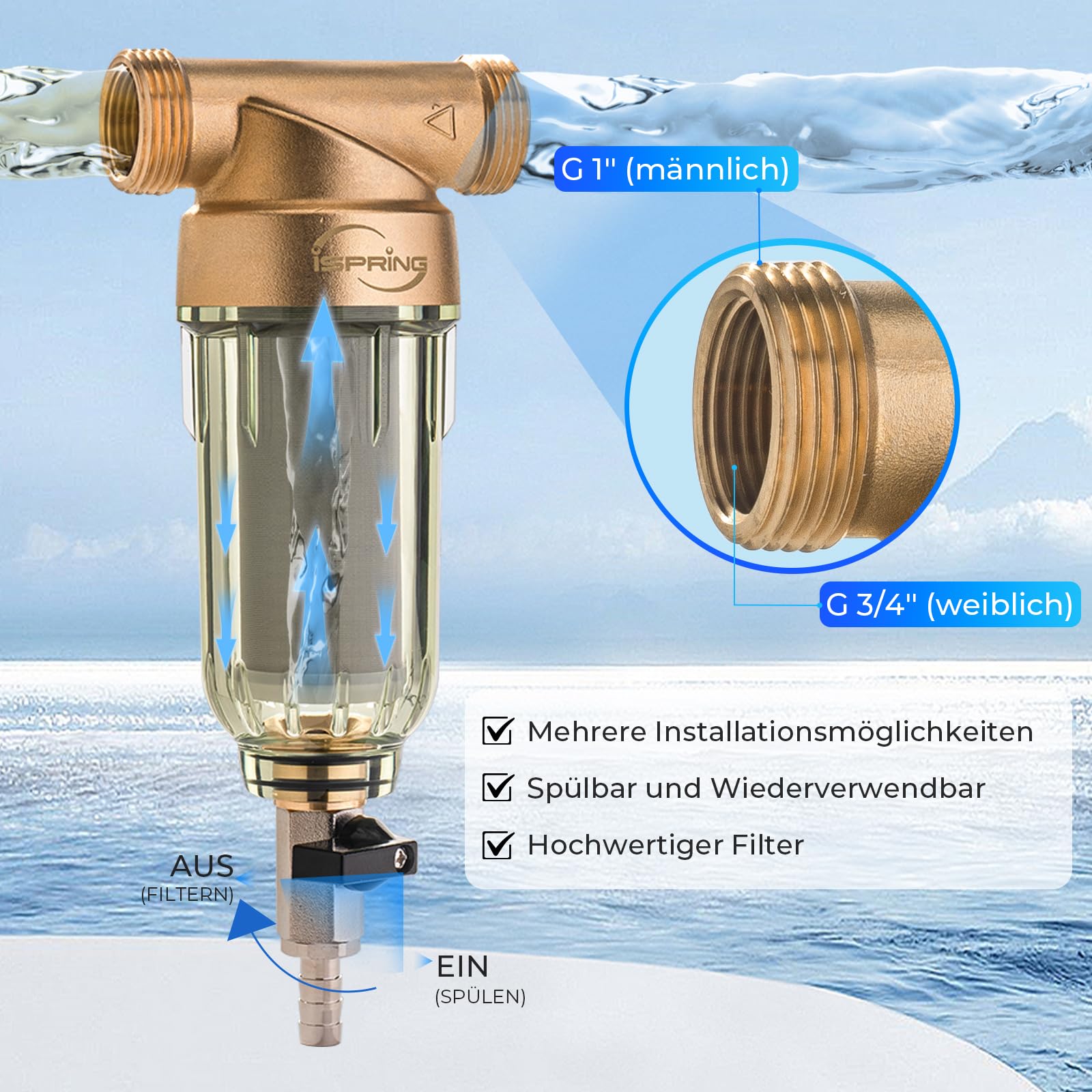 iSpring WSP-100 1" Rückspülfilter Wasserfilter Filter, Wiederverwendbarer Spin-Down-Sedimentwasserfilter, Vorfilter für Brunnenwasserschlauch, G 1" - 3/4", 100Mikron