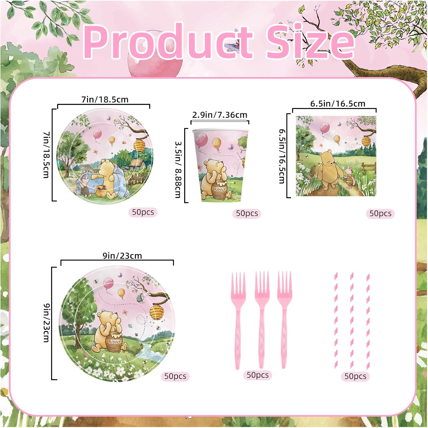 300 Pcs Bear Baby Shower Plates and Napkins Tableware Set, Plates Napkins Cups Straws and Forks Sets, Baby Shower Decorations Birthday Party Supplies, Serves 50 Guests (Pink)