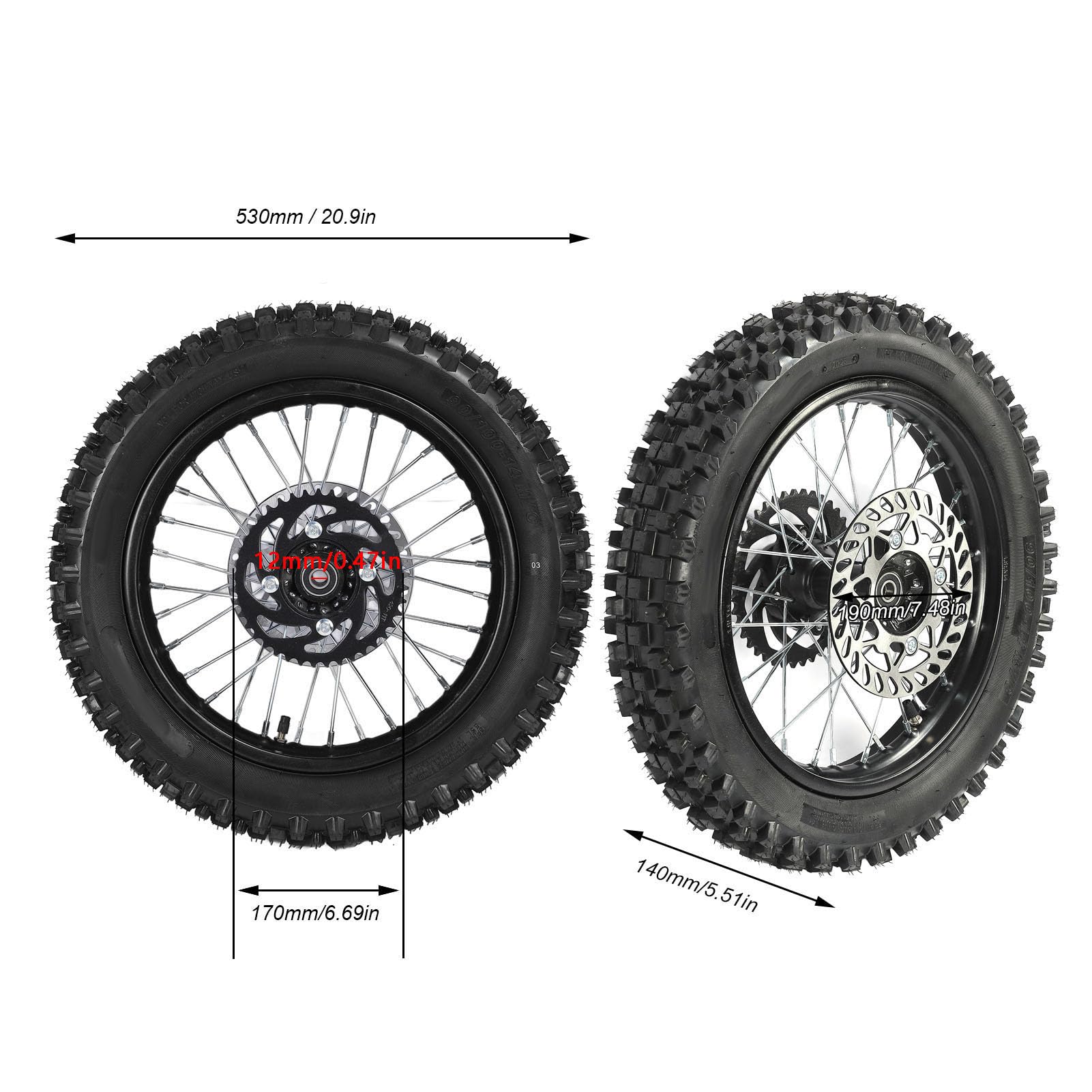 Yctze Conjunto de Neumáticos de Llanta de Rueda Trasera 14 Pulgadas 90/100-14 Eje 12 Mm con Rotor de Freno 190 Mm y Sprocket 420 41T para Tao Kayo TSD 110 TD 125 Apollo SSR