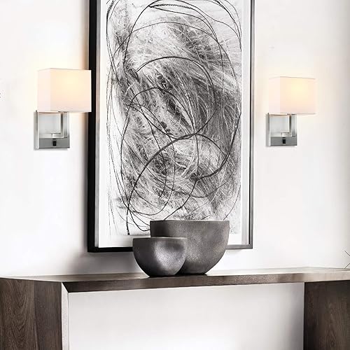 Miniatura 2 de PERMO Juego de 2 lámparas de pared individual con pantallas textiles blancas y botón de interruptor de encendidoapagado, pequeñas lámparas modernas