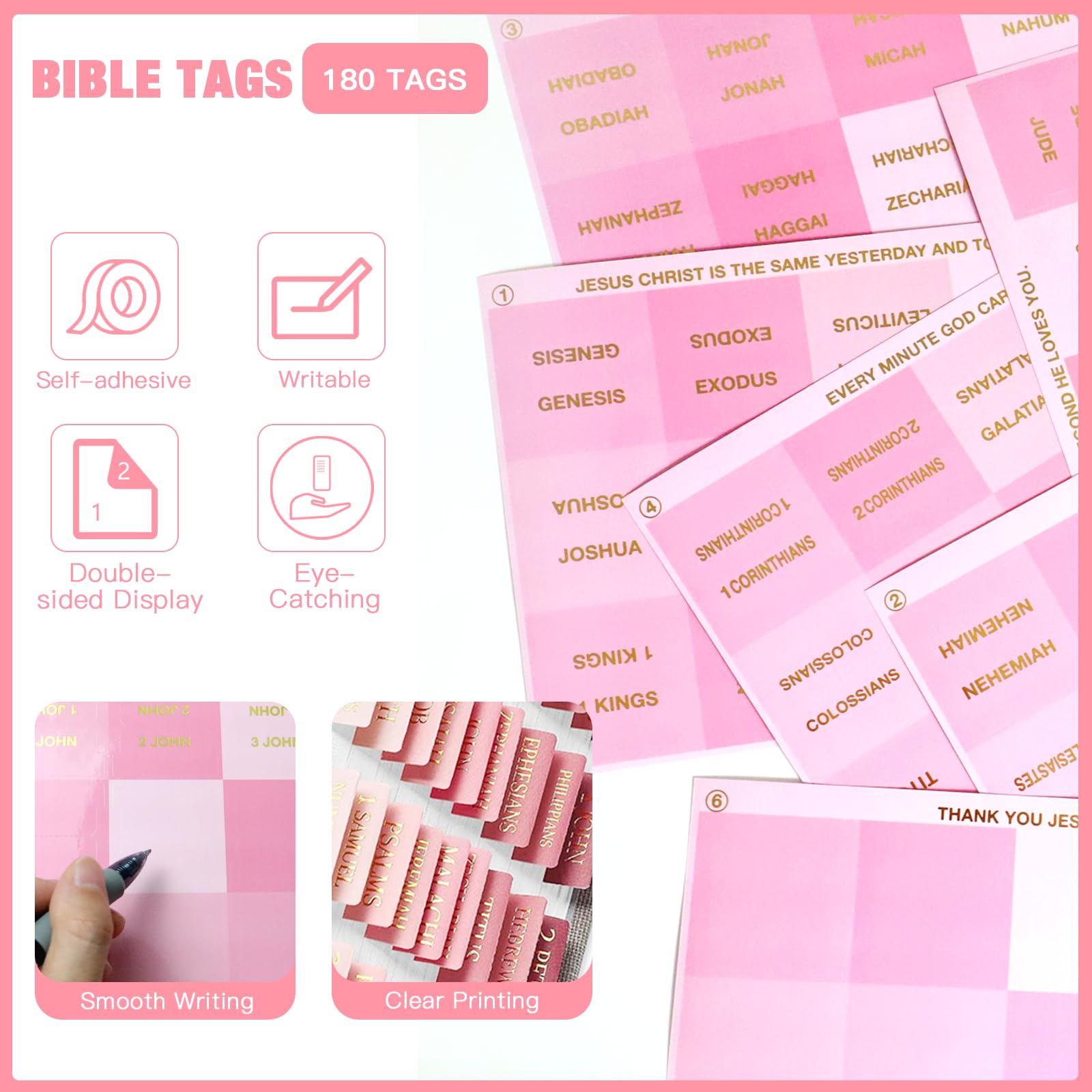 ZOCONE 180 Pcs Bible Tabs Pink for Women 132 Large Print Laminated Bible Stickers with 48 Blank Bible Tabs for Study Bible Index Tabs for Bible Study Accessories Bible Journaling Supplies - Image 3