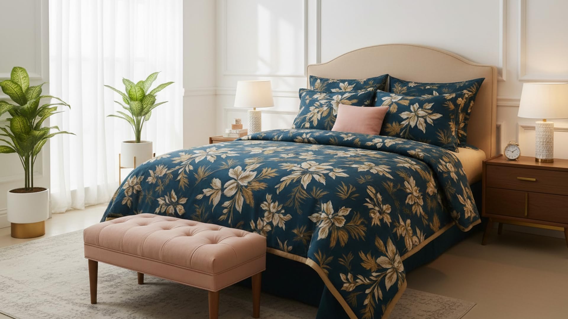 Floral Printed Bedspread Set, Navy Blue and Gold | Tropical Floral Design, Gold Border Trim, Includes Pillow Covers, Double Bed Size, Bedroom Decor-image-27
