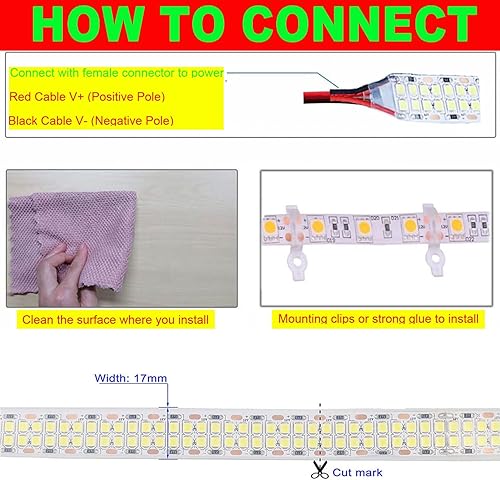 Miniatura 7 de Tira de luz LED de doble fila, luz blanca diurna 6500 K, súper brillante, regulable, impermeable, 12 V, 16.4 pies, SMD 2835 2400 LED, cinta de luz
