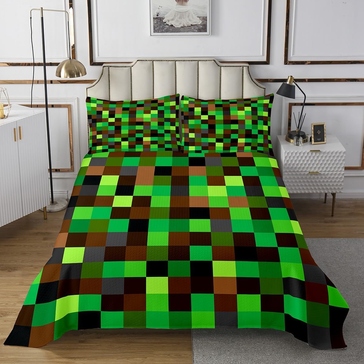 Castle Fairy Green Brown Blocks Bedspread Twin Size,Pixelated Grid Bedding Sets 2Pcs for Kids Girls Boys Room Decor,Miners Gaming Comforter Set Build Sandbox Theme Quilt Coverlet,1 Pillowcase