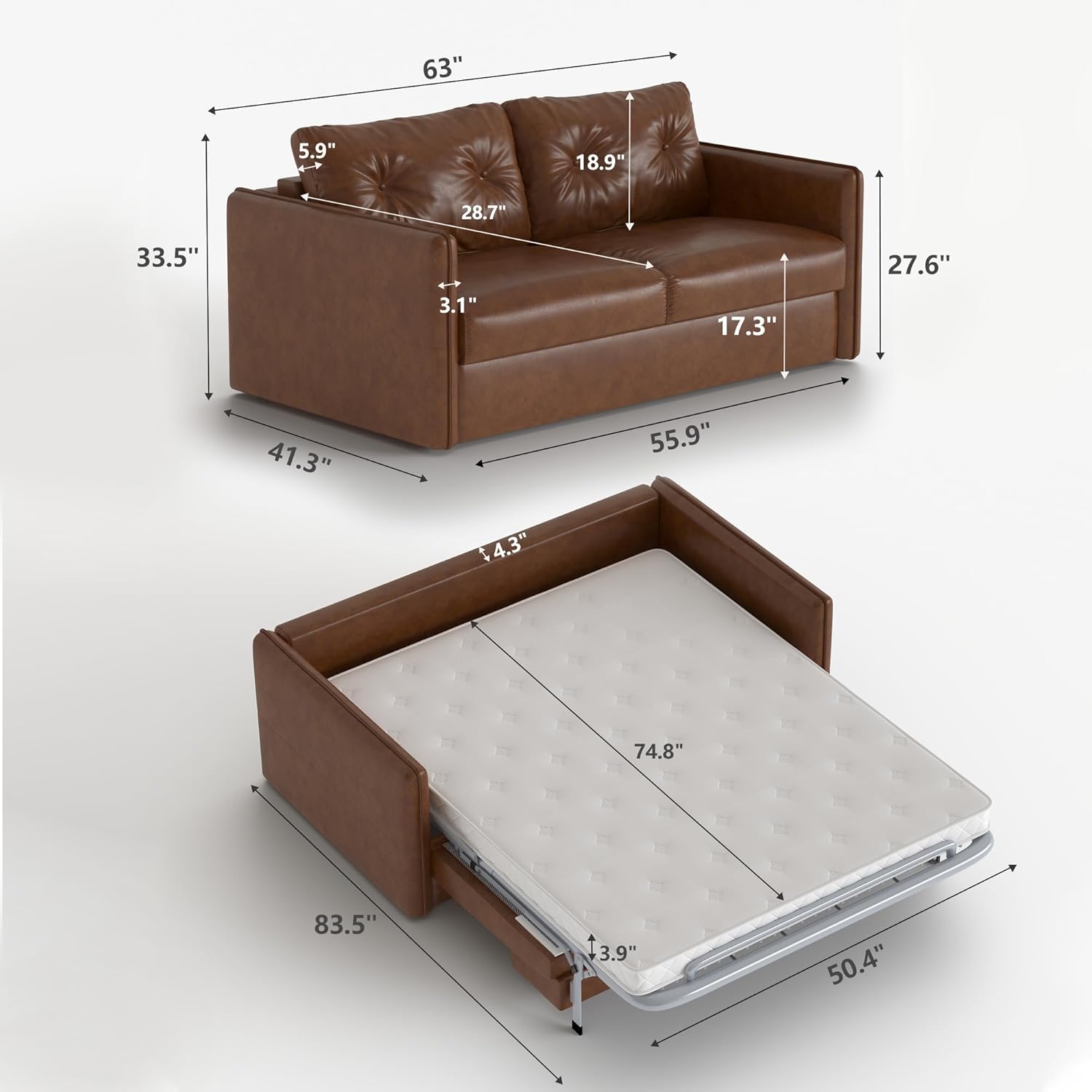 63" Pull-Out Sofa Bed, Faux Leather Futon Sleeper Couch, Convertible Loveseat Couch Beds with Tufted Backrest for Living Room, Apartment or Office