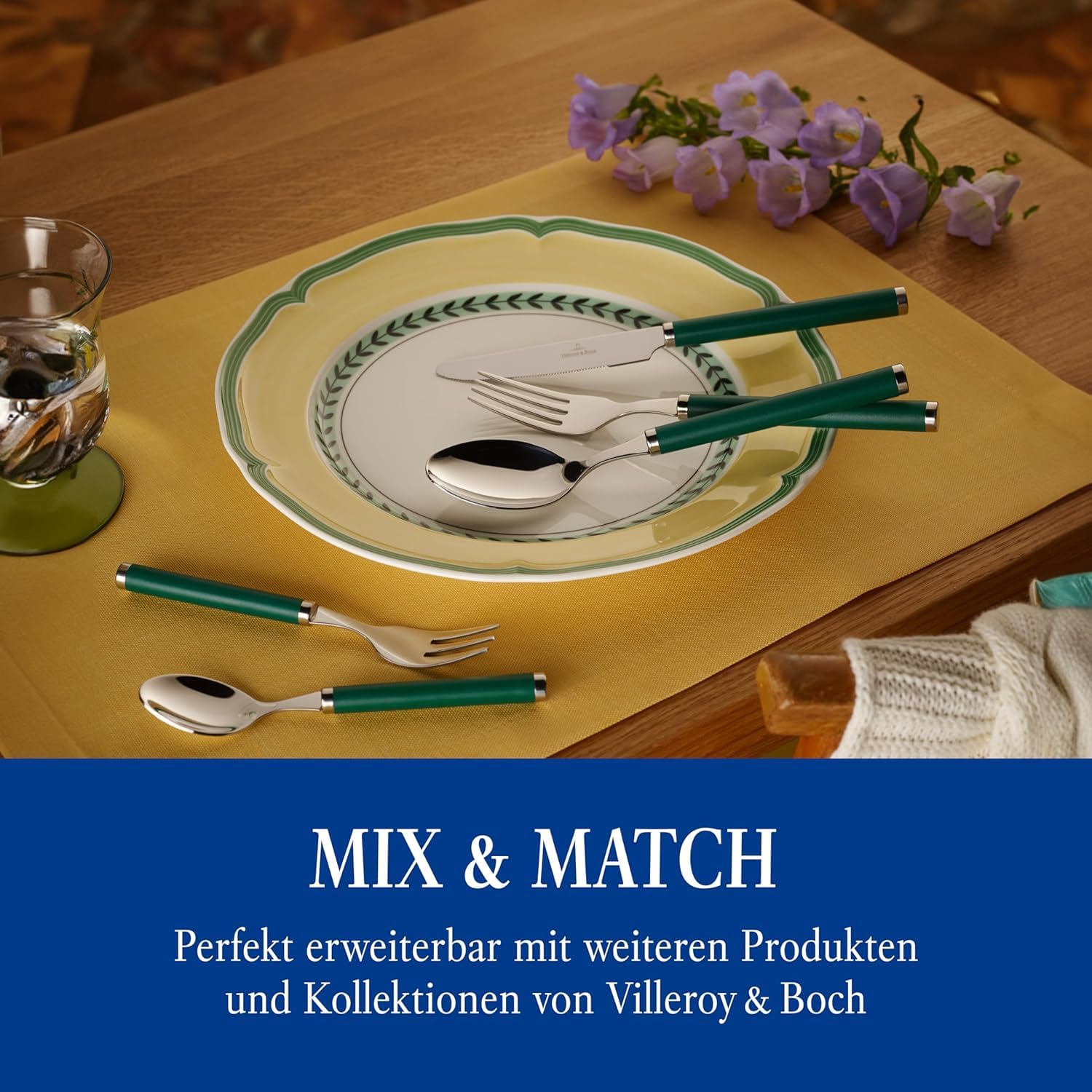 Villeroy & Boch Play Garden 30-częściowy zestaw sztućców ze stali nierdzewnej z zielonymi uchwytami z tworzywa sztucznego na 6 posiłków, nadaje się do mycia w zmywarce