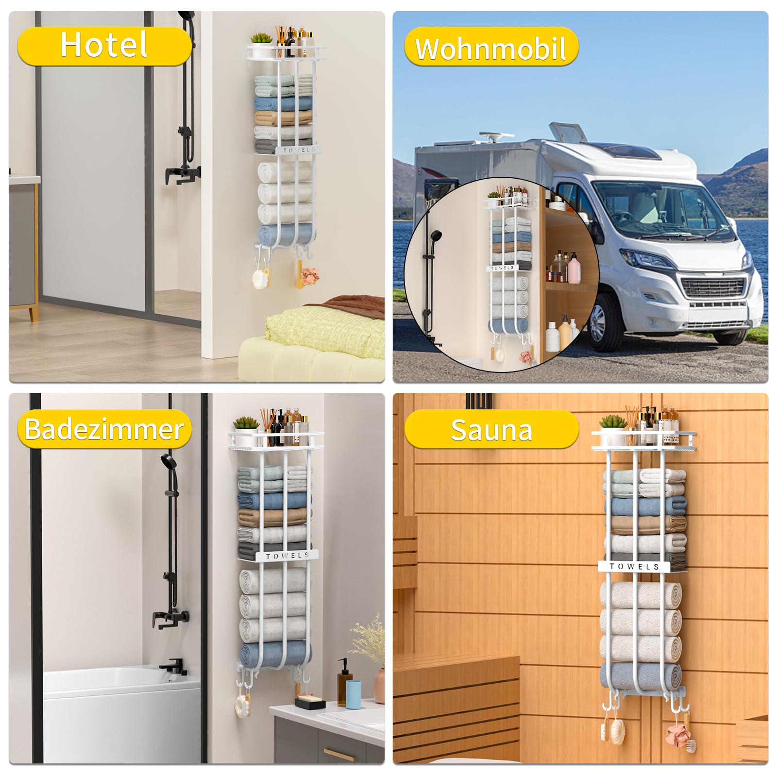 Toallero de baño con 4 ganchos, color blanco | Elegante y práctico, acabados mate, cuatro ganchos adicionales, aplicación versátil, amplio espacio de almacenamiento