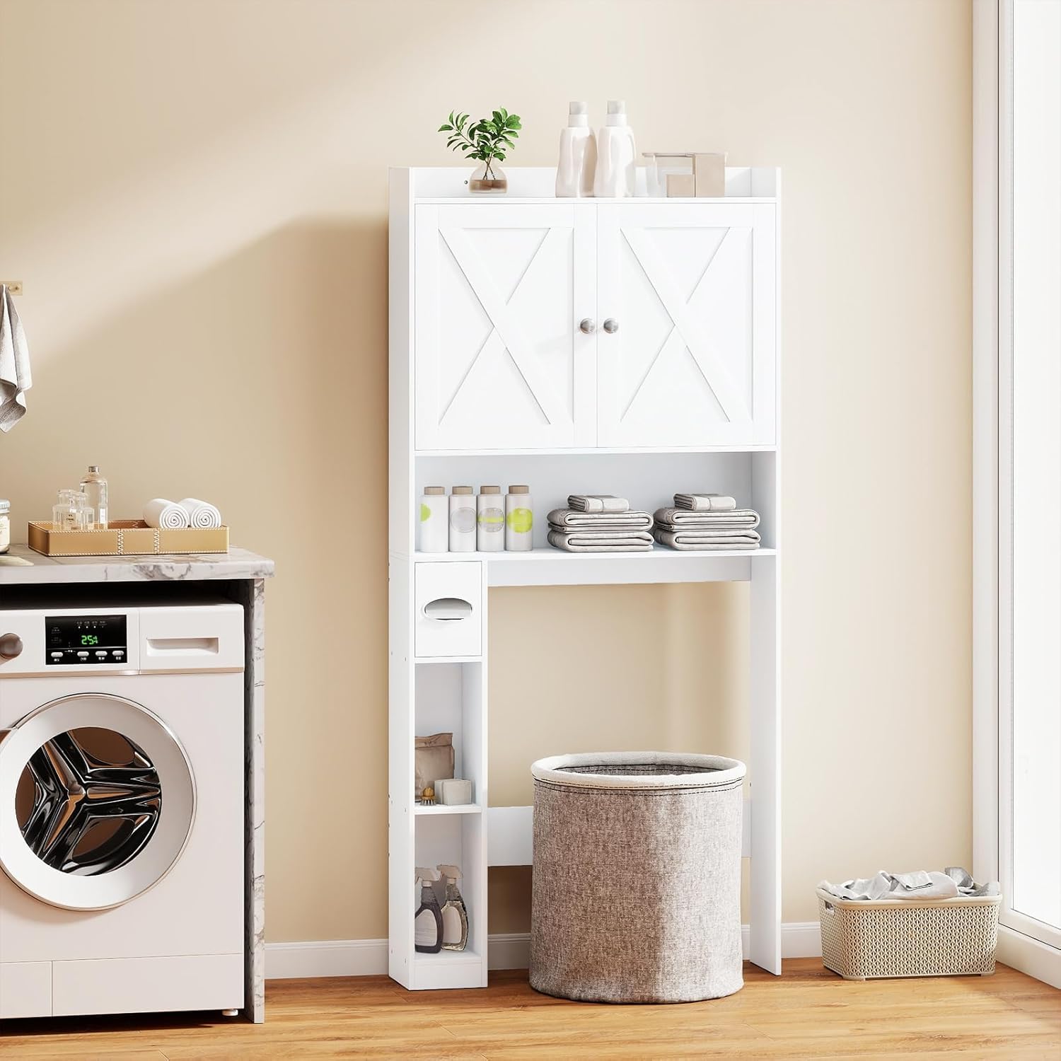 GIANTEX Mueble sobre Inodoro, Armario de Baño con Puertas, Compartimentos Abiertos y Soporte para Papel Higiénico, Estante Inferior Ajustable, 81,5x19,5x172,5cm, Organizador para Lavandería (Blanco)