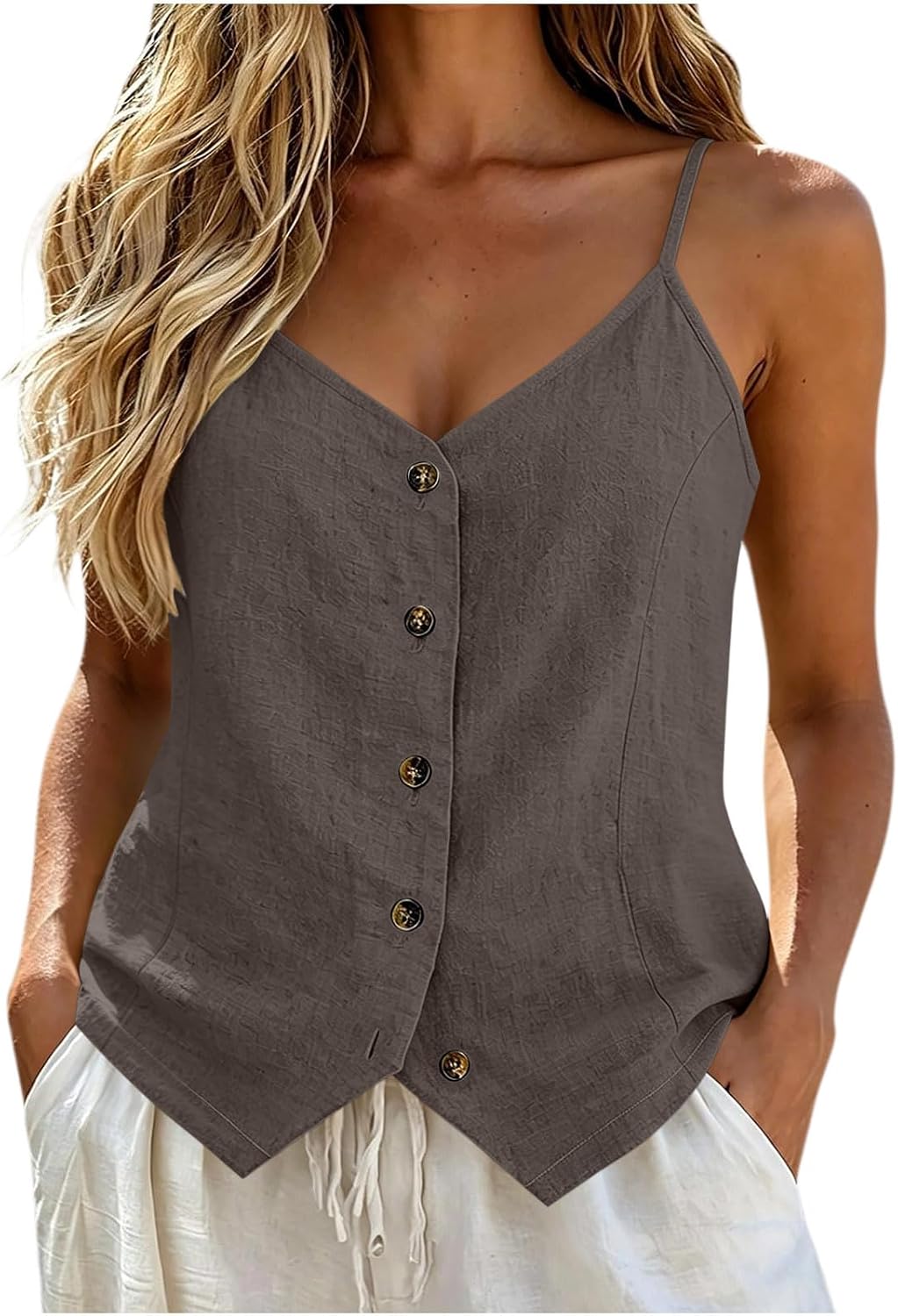 Womens Button Down Linen Tank Tops Cotton Linen sual | Linen Tank Tops for Women Cotton Linen Spaghetti Strap Sleeveless Summer Casual Loose Button Down Camis
