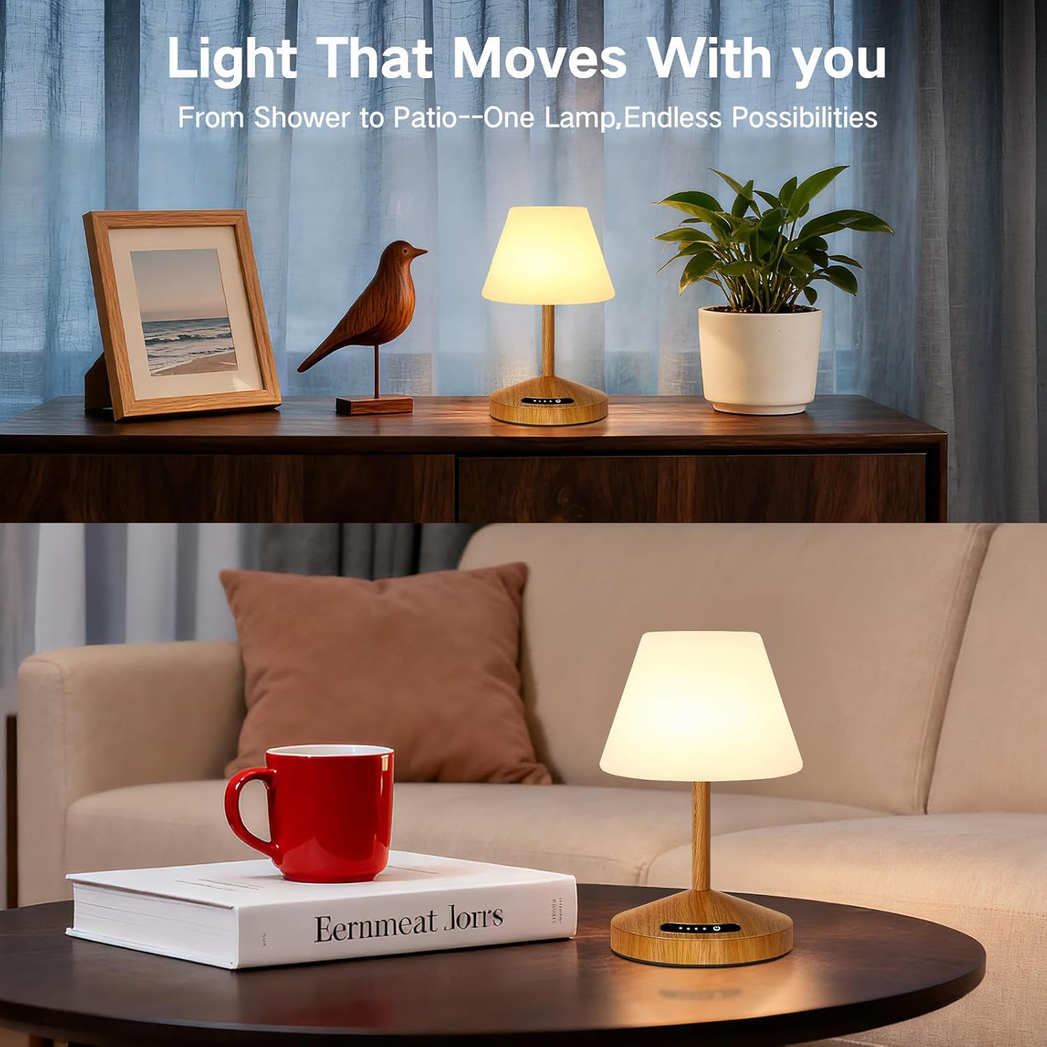 OUTON Rechargeable LED Shower & Table Lamp, Waterproof, USB Output, Stepless Dimming, 3 Colors, Power Indicator, Memory Function, Battery Operated Light for Home, Bathroom, Patio & Outdoor (Wood) - Image 2