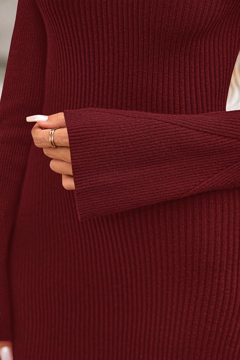 CFLONGE Fall Dresses for Women 2025 Ribbed Knit Bodycon Dress Mock Neck Bell Long Sleeve Pullover Sweater Winter Mini Dresses - Image 5