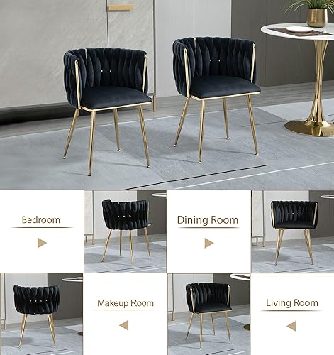 Miniatura 7 de Juego de 2 sillas de comedor tapizadas de terciopelo, sillas modernas para sala de estar con respaldo tejido y patas de metal dorado, silla auxiliar