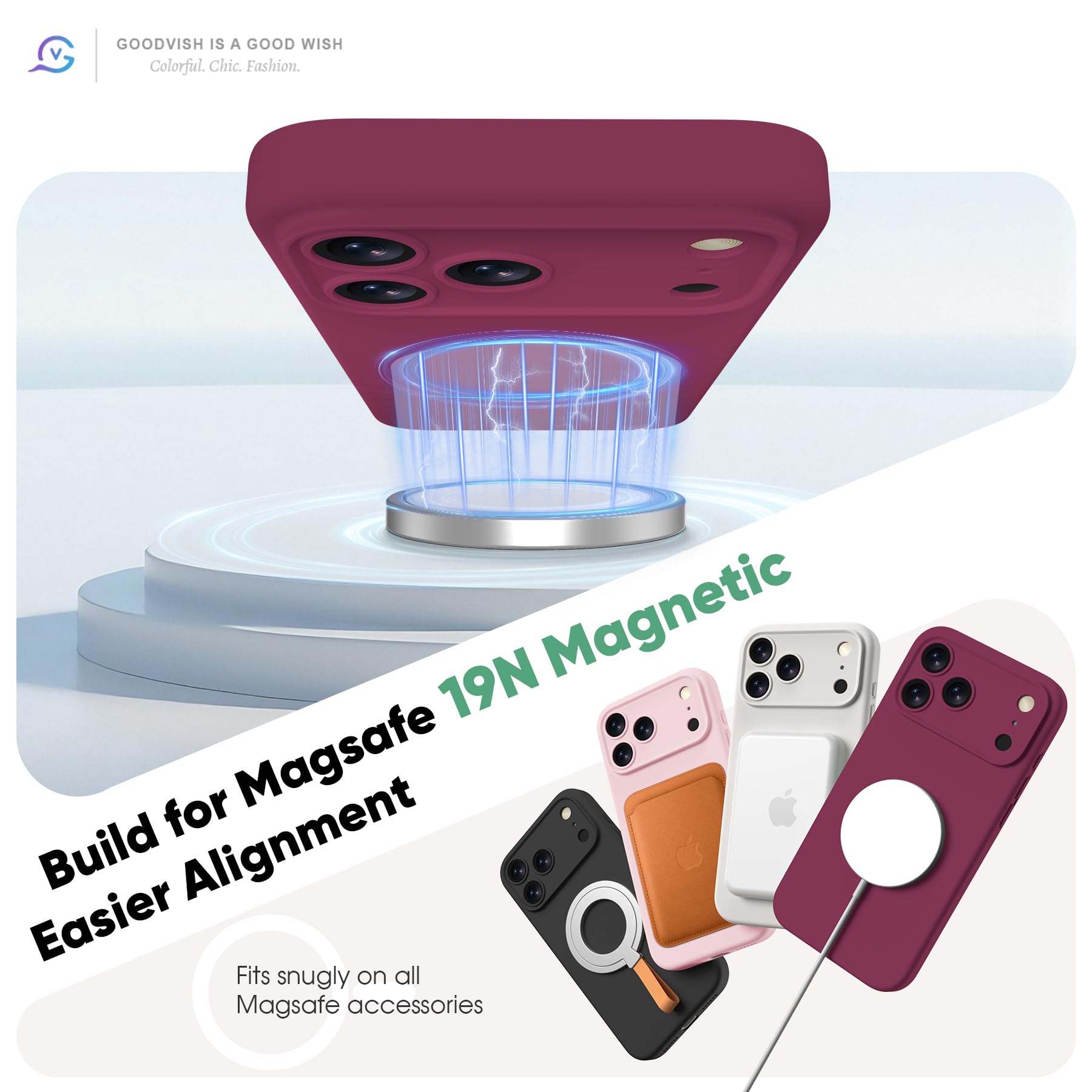 GOODVISH Magnetica Silicone Cover per iPhone 17 Pro Max 6.9", Custodia con 2x Vetro Temperato [Pulsante Controllo Fotocamera] 360° Protezione Anticaduta Case per Antiurto Resistente, Vino Rosso