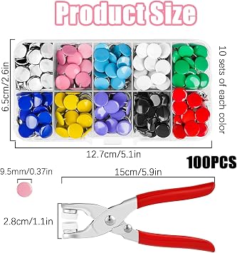 100 Sets Press Studs Snaps, Fasteners Snap,Button Fastener Kit Snaps,Fastener Kit Press Studs, Studs for Clothing Solid Metal Poppers with Pliers 9.5mm No Sew DIY for Crafts
