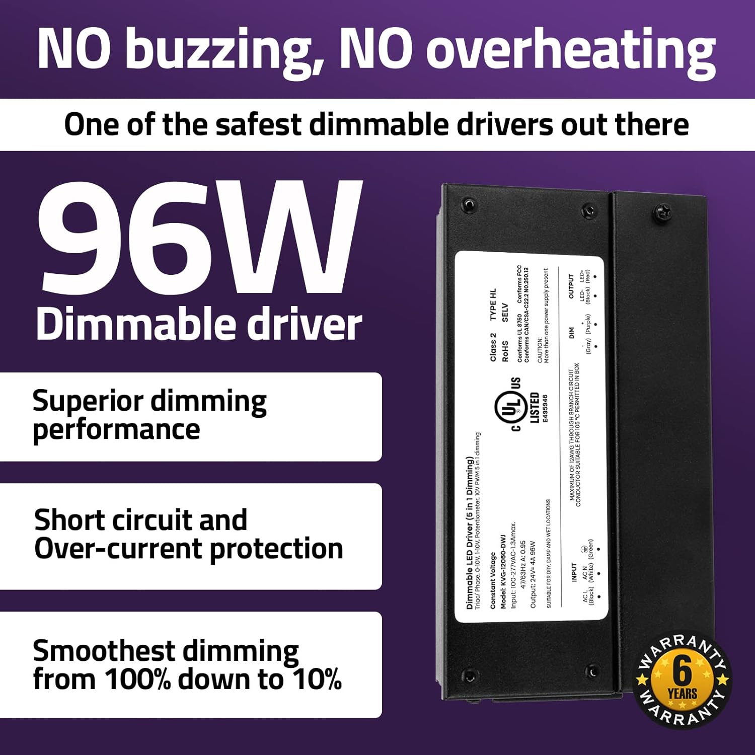 HitLights 24V 96W Dimmable LED Driver – Smooth Flicker Free Dimming – TRIAC, 0-10V, Phase Cut, & 10V PWM – Compatible with Lutron and Leviton Dimmer Switches, UL Listed, Class 2, 100-277V AC – 4A DC