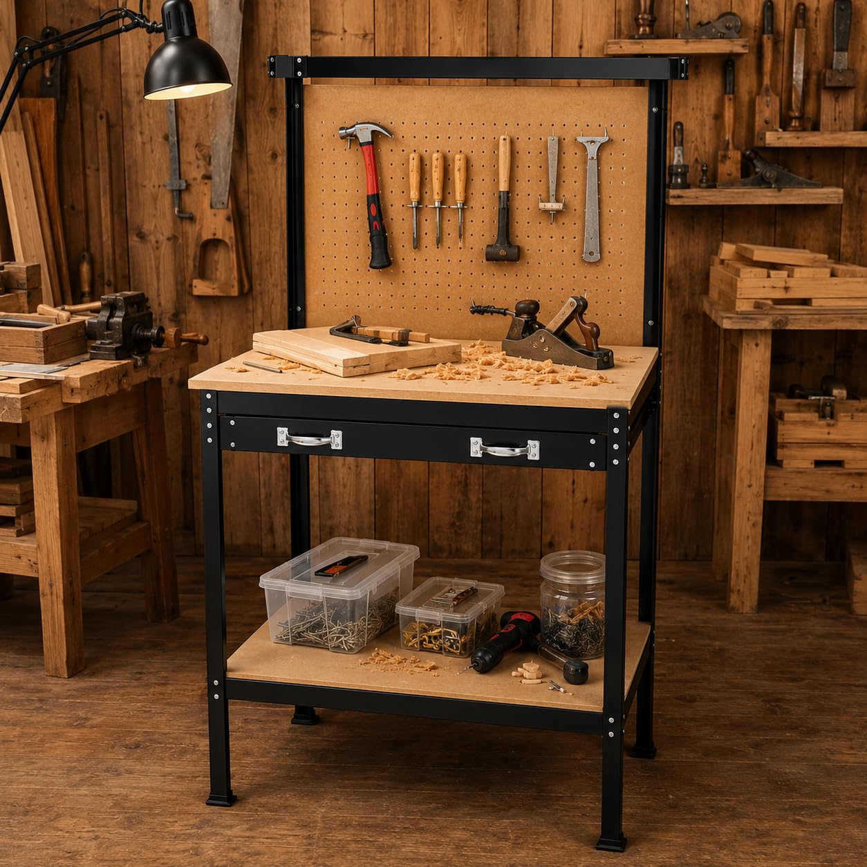 KOMBO - Banco da Lavoro in Alluminio con 2 Ripiani in MDF, 1 Cassetto, Schienale in MDF con 20 Ganci – 91x48x140 cm – Struttura Robusta, Salvaspazio, Ideale per Garage e Officine