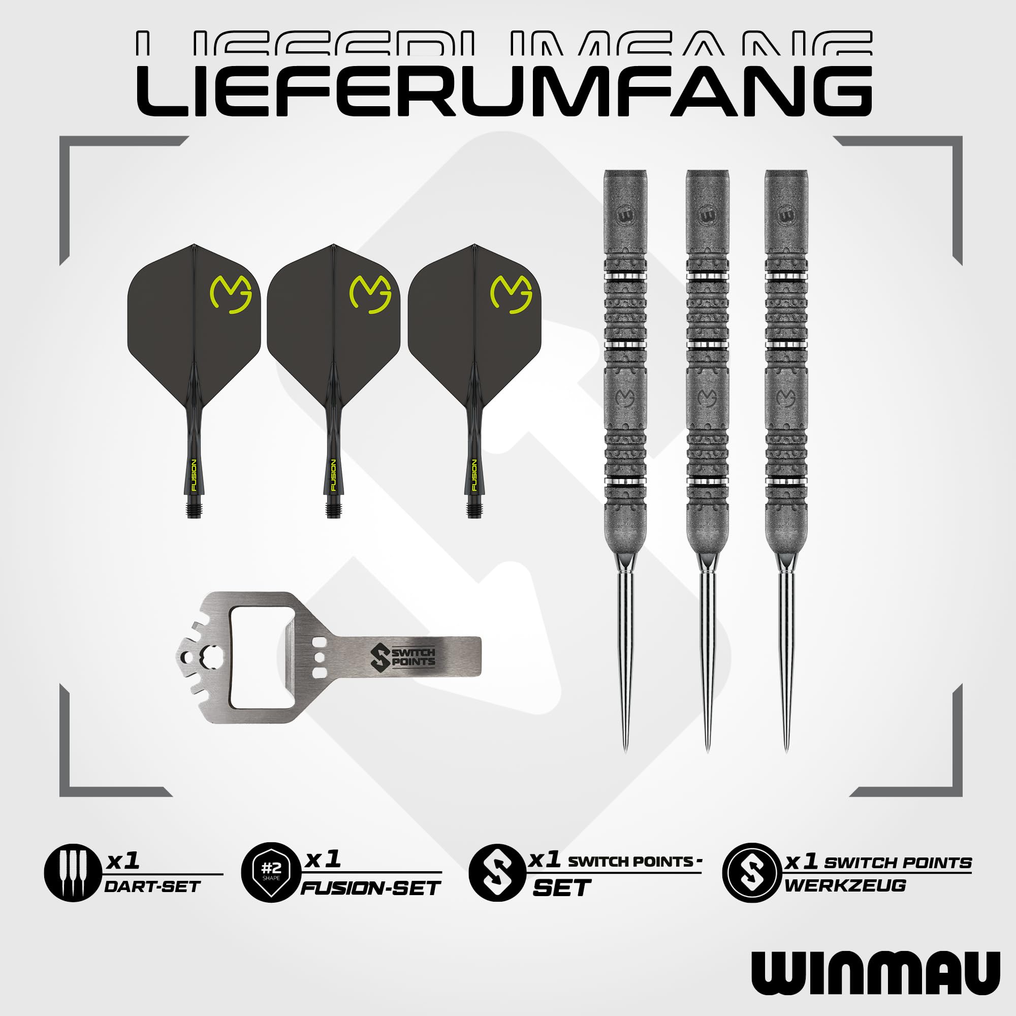 WINMAU Dartpfeile Michael Van Gerwen MvG Signature Edition | Standard oder Switch Points | Dartpfeile Profi 90% Tungsten Darts Set mit Dartflights und schäften - Steeldarts 22g, 23g & 24g