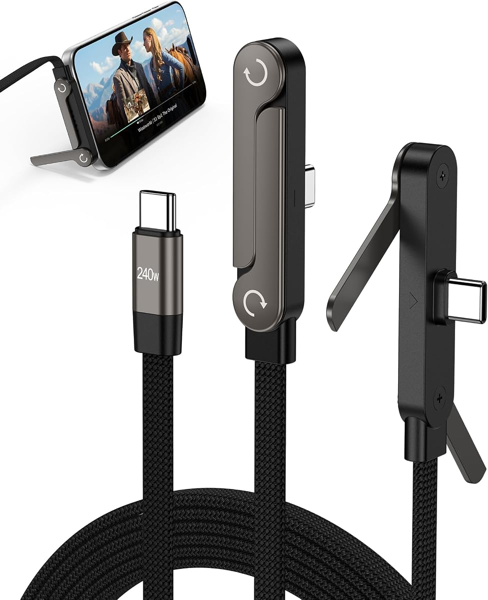 USB C Cable with Hidden Foldable Phone Stand, 240W Fast Charging Cable, 5FT