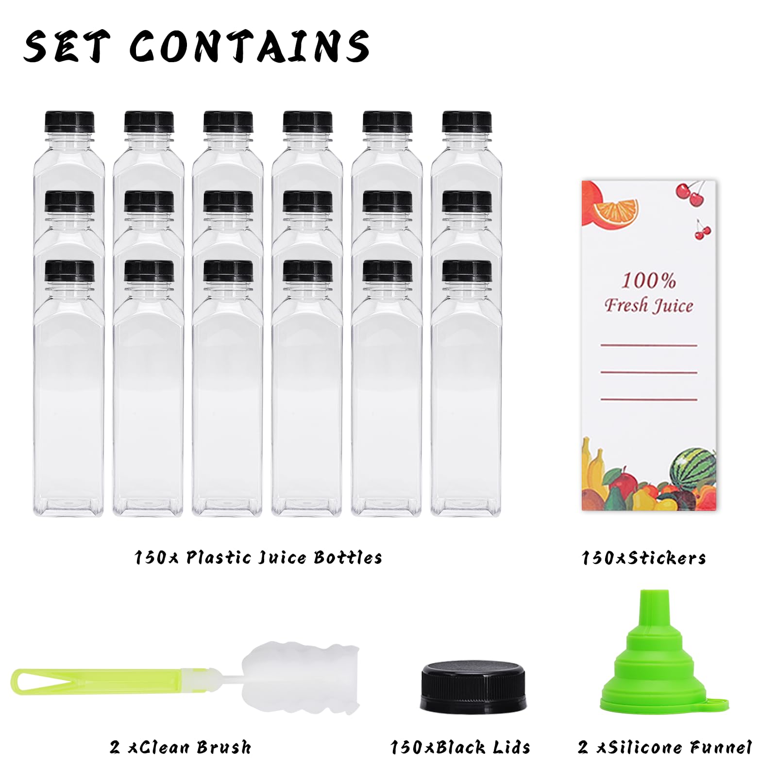 OBKJJ Botellas de plástico para jugo, 150 botellas de agua vacías de plástico de 16 onzas con tapas, reutilizables, transparentes, recipientes para bebidas, jugos, batidos, agua con 2 cepillos, 2