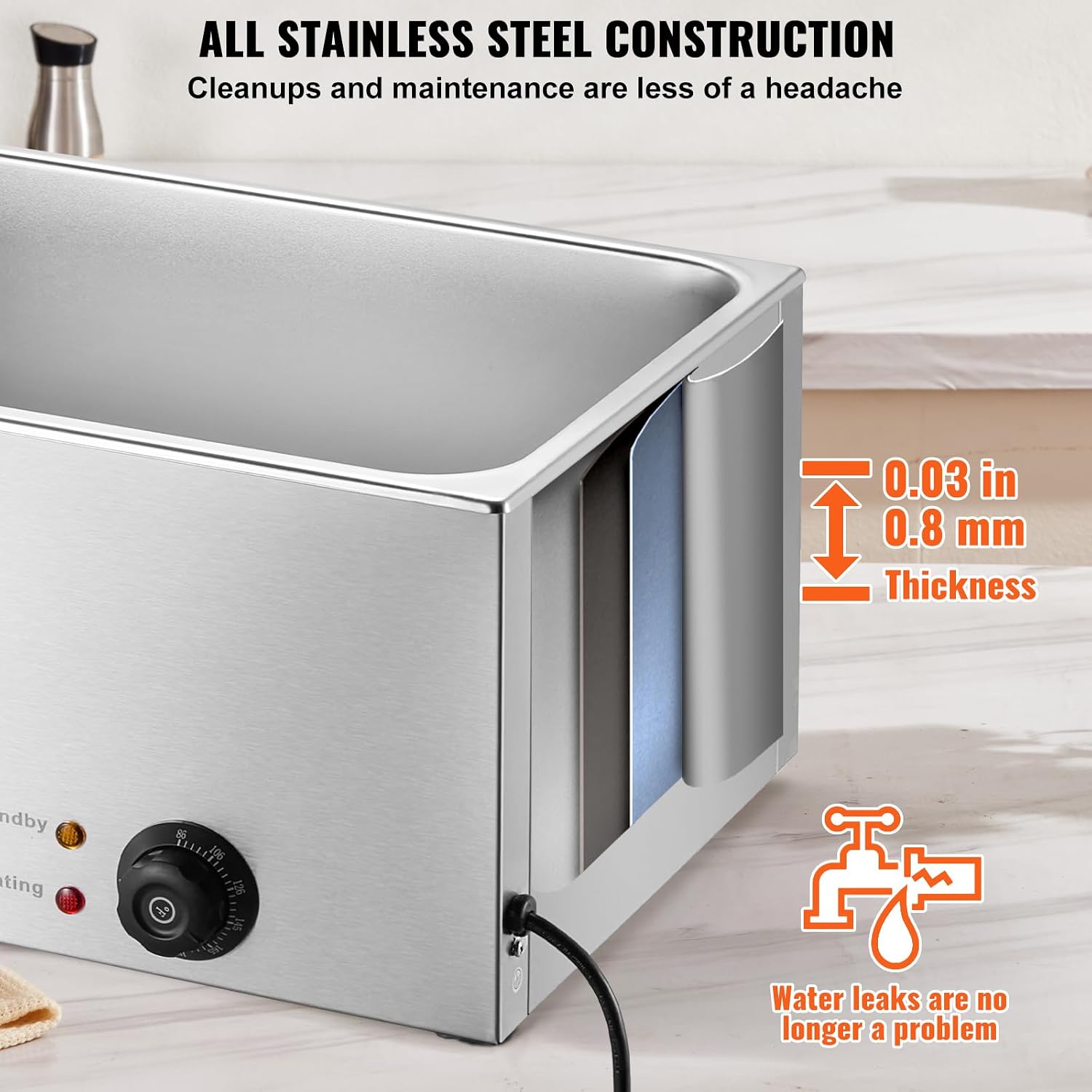 Cutaway view showing the 0.03 inch (0.8 mm) thickness of the stainless steel wall of the food warmer.