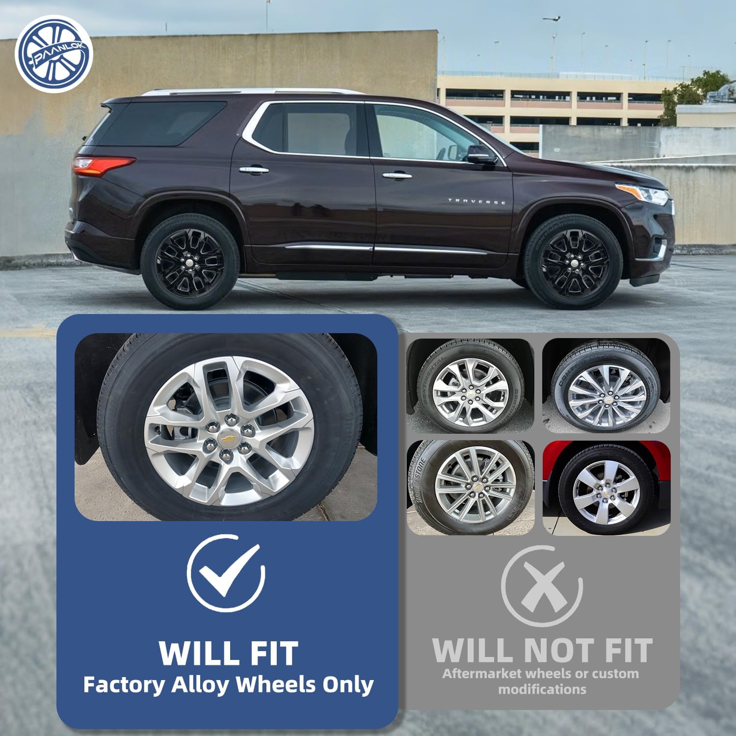18 Inch Protective Wheel Skins for 2018-2024 Chevrolet Traverse, Fits OEM Alloy Wheels #85521801 / #23165675 / #84651153, Gloss Black Snap-On Wheel Covers 4-Pack