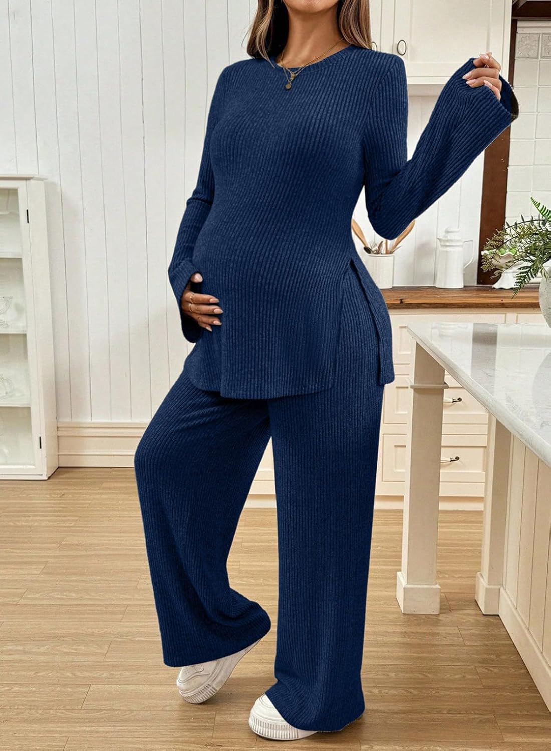 BLENCOT Maternity 2 Piece Outfits Ribbed Knit Long Sleeve Sets | Casual Comfy Lounge Pajamas, Side Slit Matching Set Pregnancy Clothes with Pockets, Sleepwear Nursing Postpartum