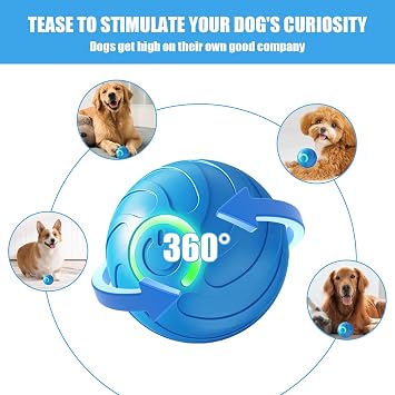 Electric Interactive Dog Toy Ball, 360 degree intelligent scrolling vibrating dog ball, pet smart chase ball, Pet Toy Automatic Rolling Ball with LED for indoor cats, dogs, and pets (Blue)