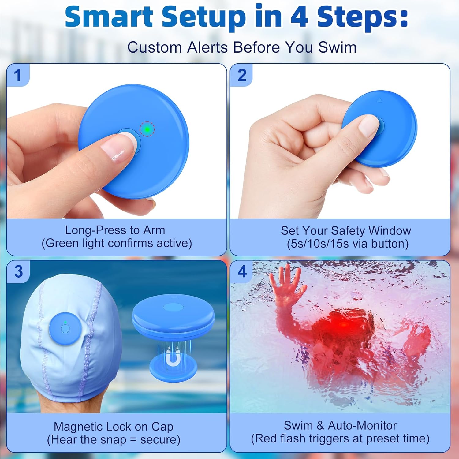 Pool Safety Alarm, Swim Cap Partner, Drowning Prevention Alart for Pool, Swiming (Blue)​