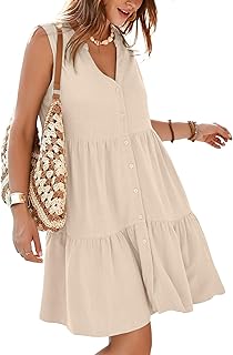 Simplee Women’s Sleeveless Linen Summer Dress Casual Button Down Mini Dress Flowy Beach Sundress with Pockets - Buy now
