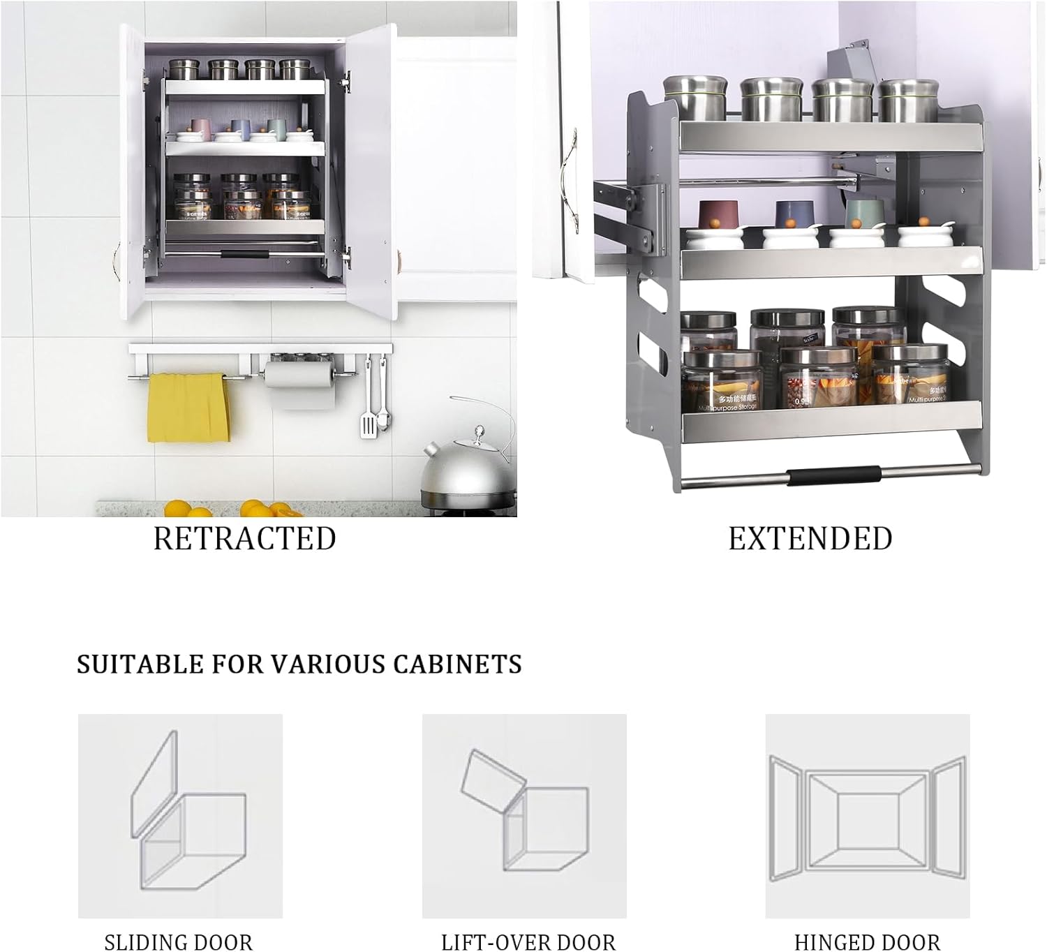 3-Tier Pull Down Cabinet Organizer, pull down shelf, Stainless Steel Adjustable Shelf for Kitchen Wall Cabinet, Heavy-Duty Lift Basket for Spices, Dishes, and Bottles, 15kg Capacity Storage Rack