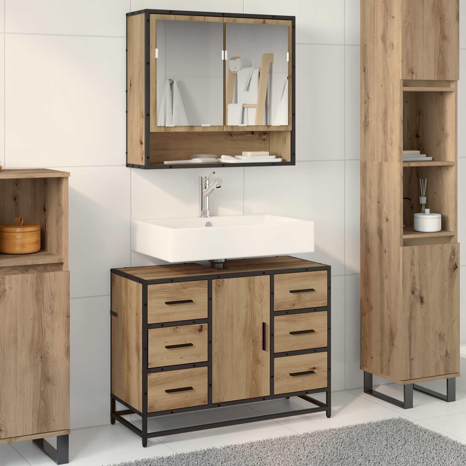 Mueble de baño de roble 80 cm suspendido conjunto de lavabo y espejo de almacenamiento