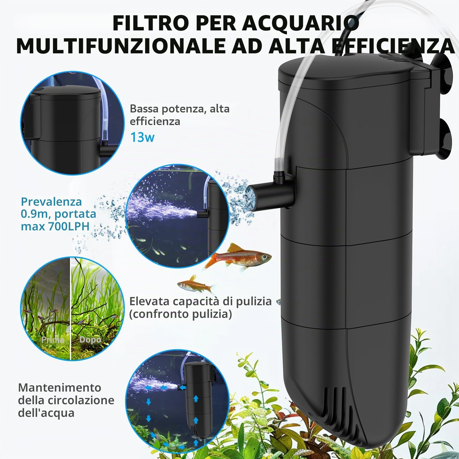 fishkeeper Filtro per acquario da 13 W, flusso regolabile 700 l/h, pompa per acquario con filtro, filtro interno per acquario a tre livelli con carbone attivo e spugna, filtro per acquari piccoli fino