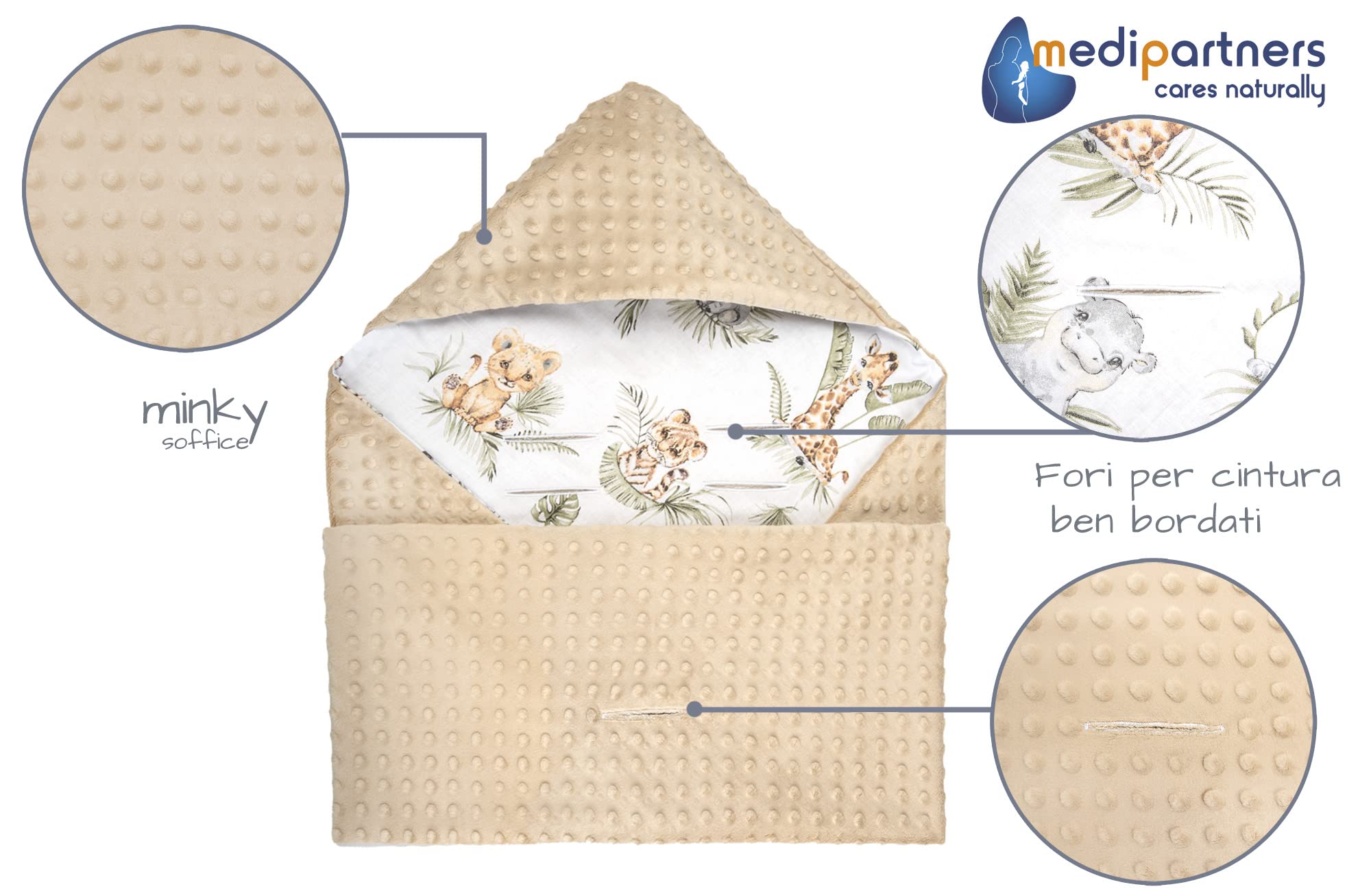 Medi Partners Coperta neonato ovetto Sacco per Passeggino - 100% Cotone universale Blanket 85x85cm fodera protettiva Morbida e Accogliente Passeggini Marsupio (Safari con Minky beige)