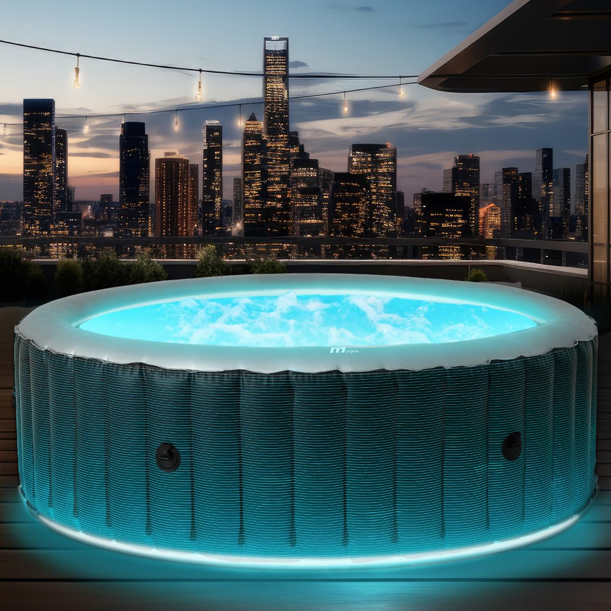 BRAST Whirlpool aufblasbar MSpa Starry mit LED Beleuchtung für 6 Personen Ø204x70cm In- Outdoor Pool 138 Massagedüsen Energiespar-Timer Heizung Bubble Wellness Massage
