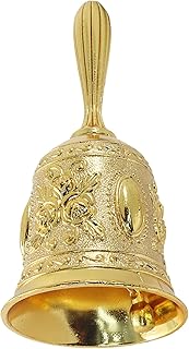 Metal Bell with Engraving, Hand Operated Decorative Bell - Loud and Clear Calling Bell for Ergonomic Handle, Classroom, Dinner, Meditation, Service (Gold)