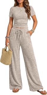 Womens 2 Piece Lounge Matching Sets Wide Leg Pants Crew Neck Short Sleeve Shirt Sweatsuits